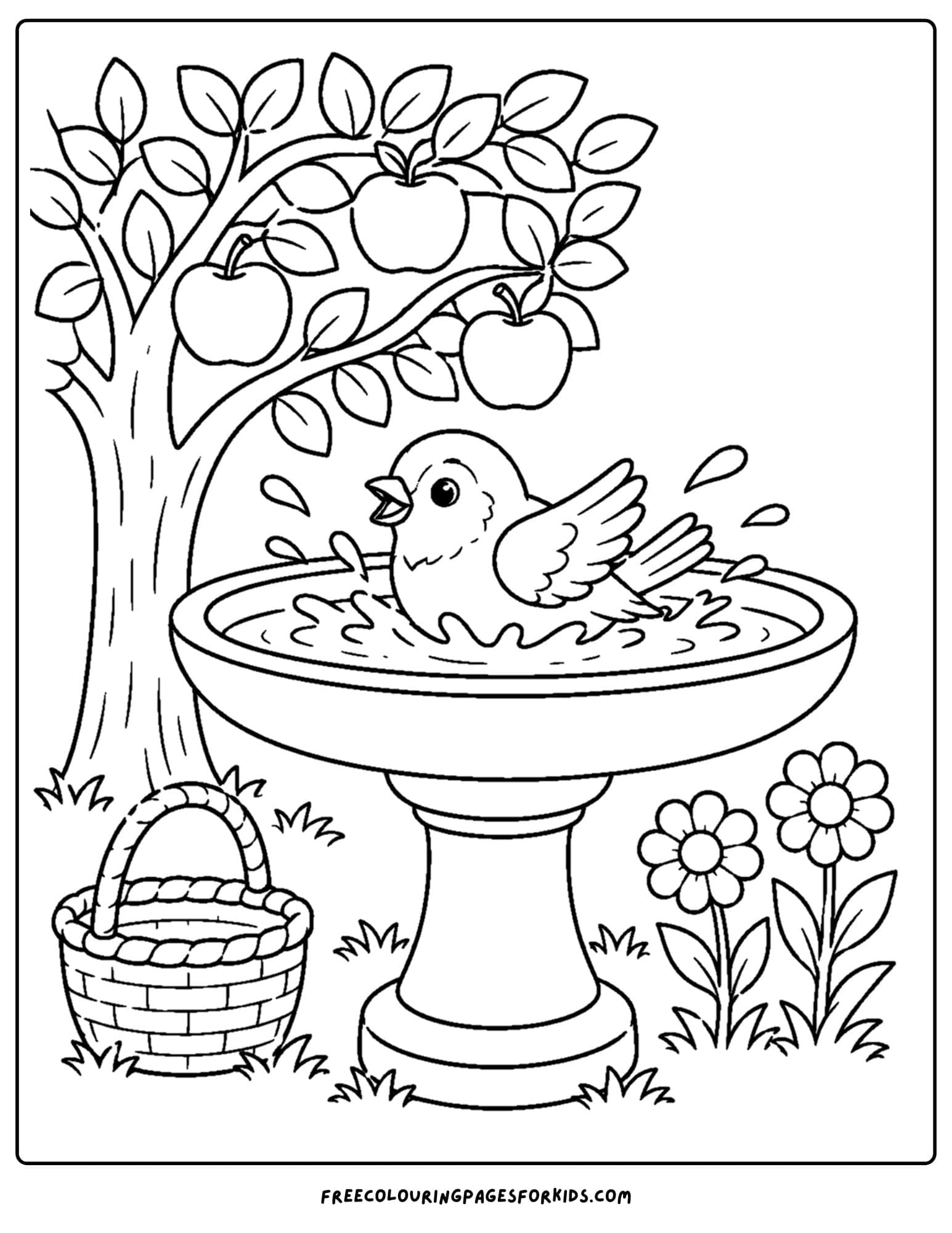 a coloring page of a bird bath under an apple tree with a finch splashing around