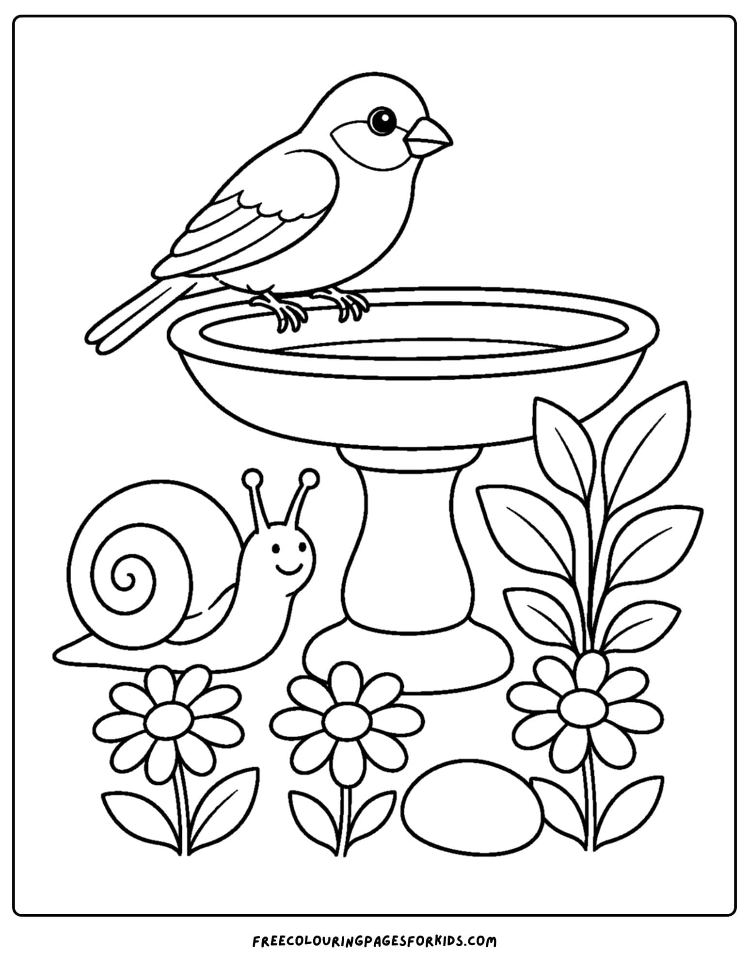 a coloring page of a bird bath with a finch on it