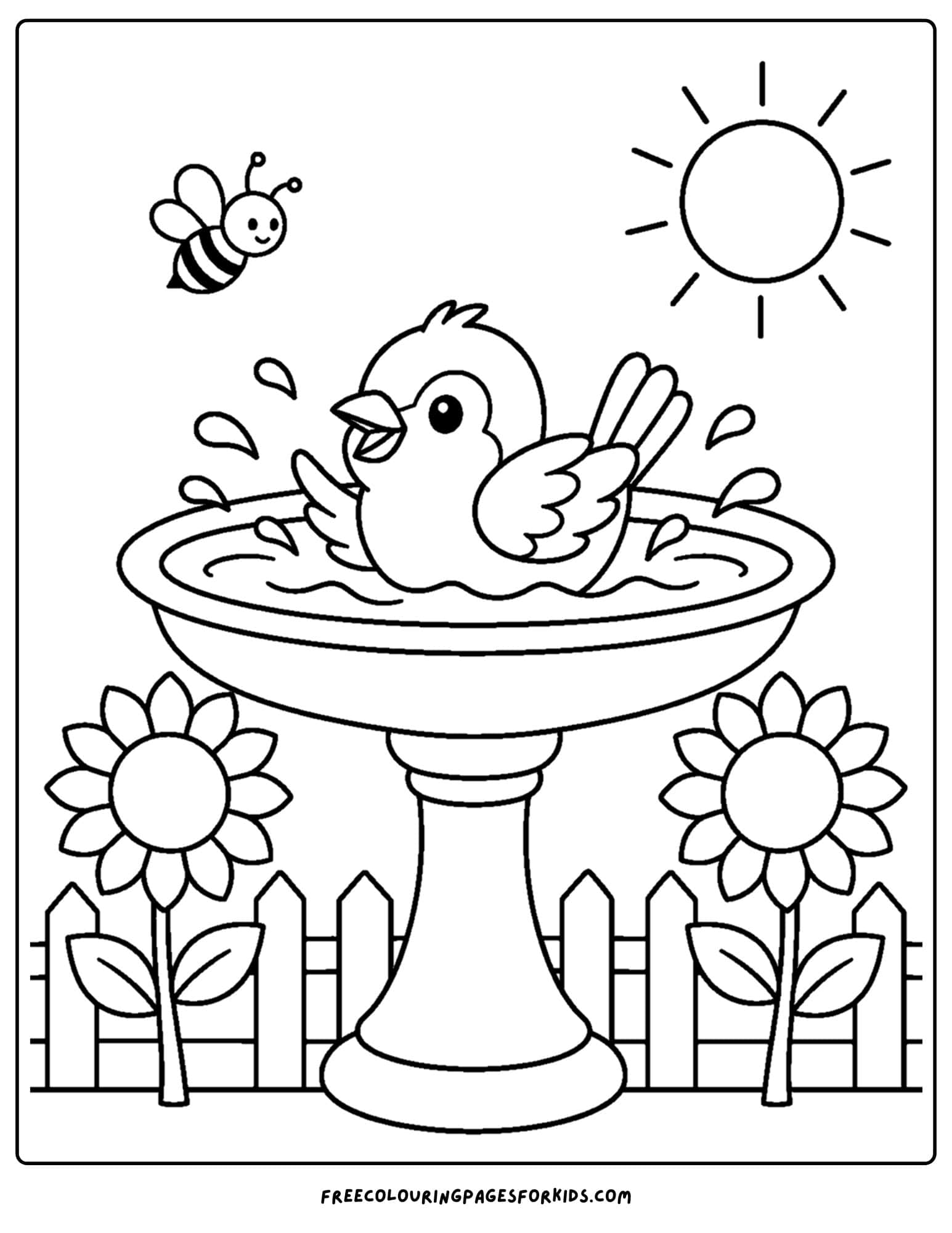 a coloring page of a bird bath in a sunflower garden and a finch in the water