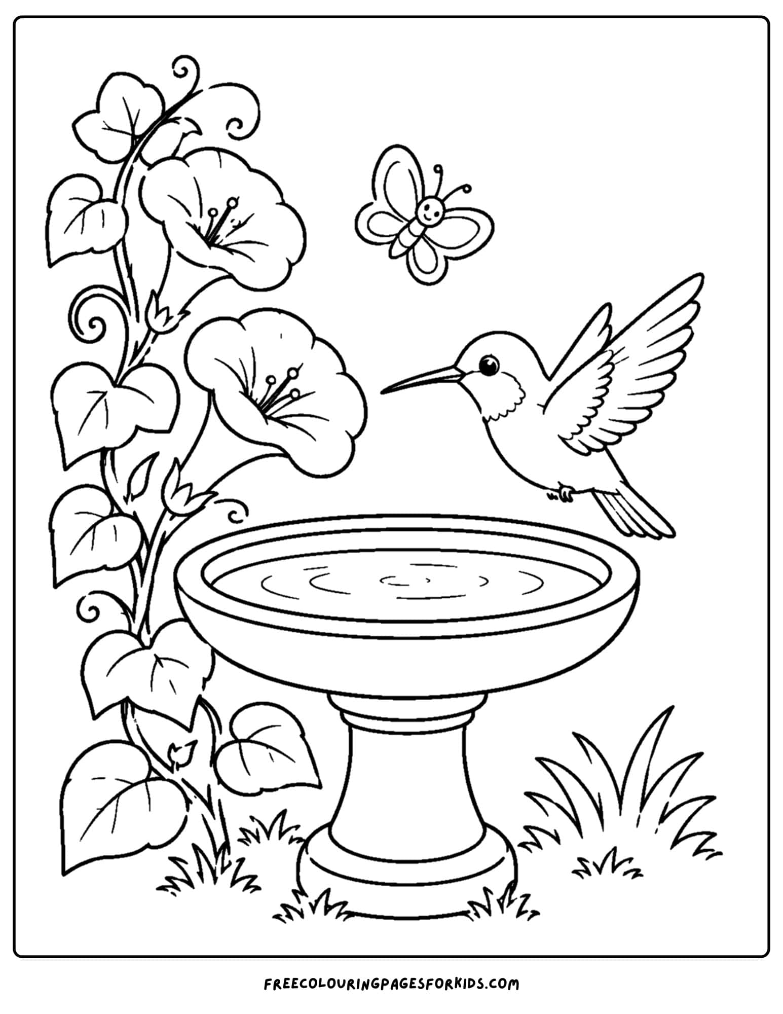 a coloring page of a bird bath with hummingbird stopping by to visit