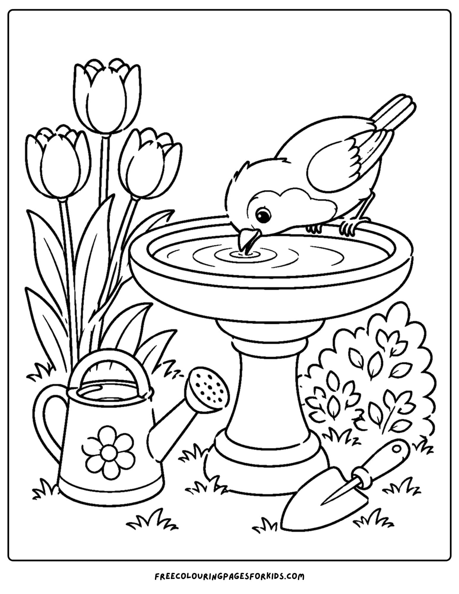 a coloring page of a bird bath with a robin taking a drink