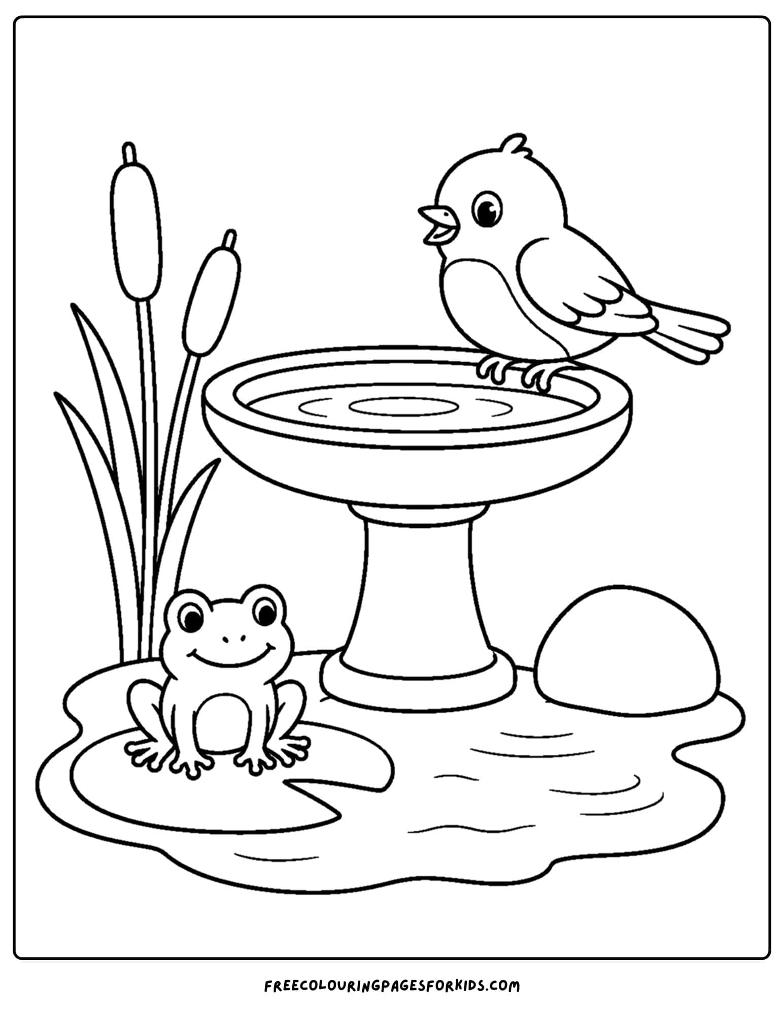 a coloring page of a bird bath with robin perched on the edge