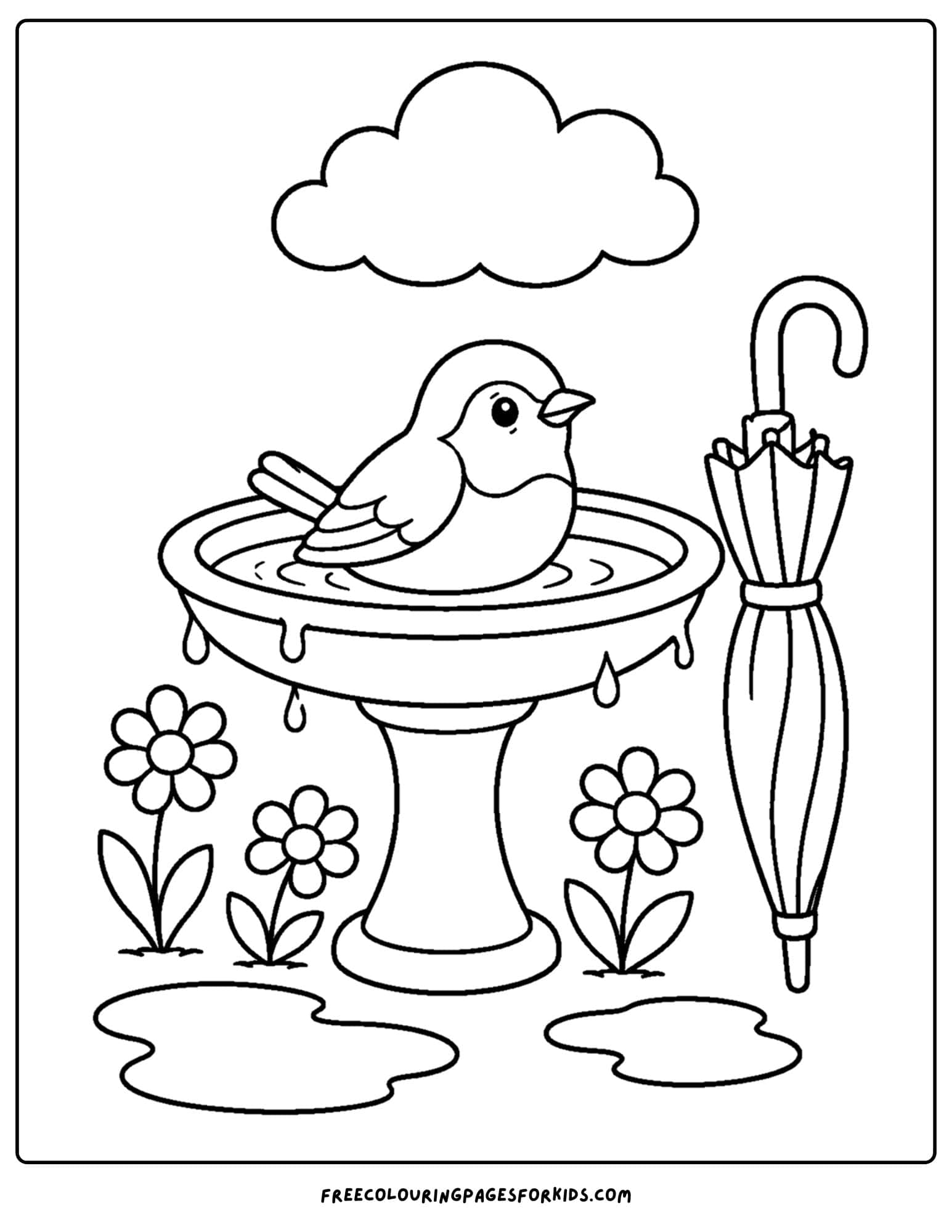 a coloring page of a bird bath with robin sitting in the bird bath