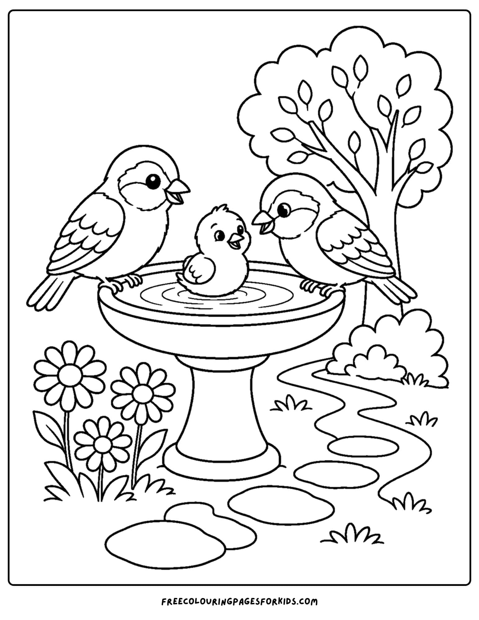 a coloring page of a bird bath with a sparrow family visiting it