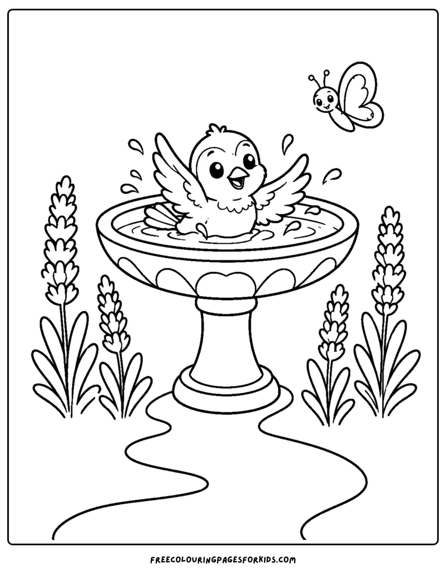 a coloring page of a bird bath with a bird splashing around in it