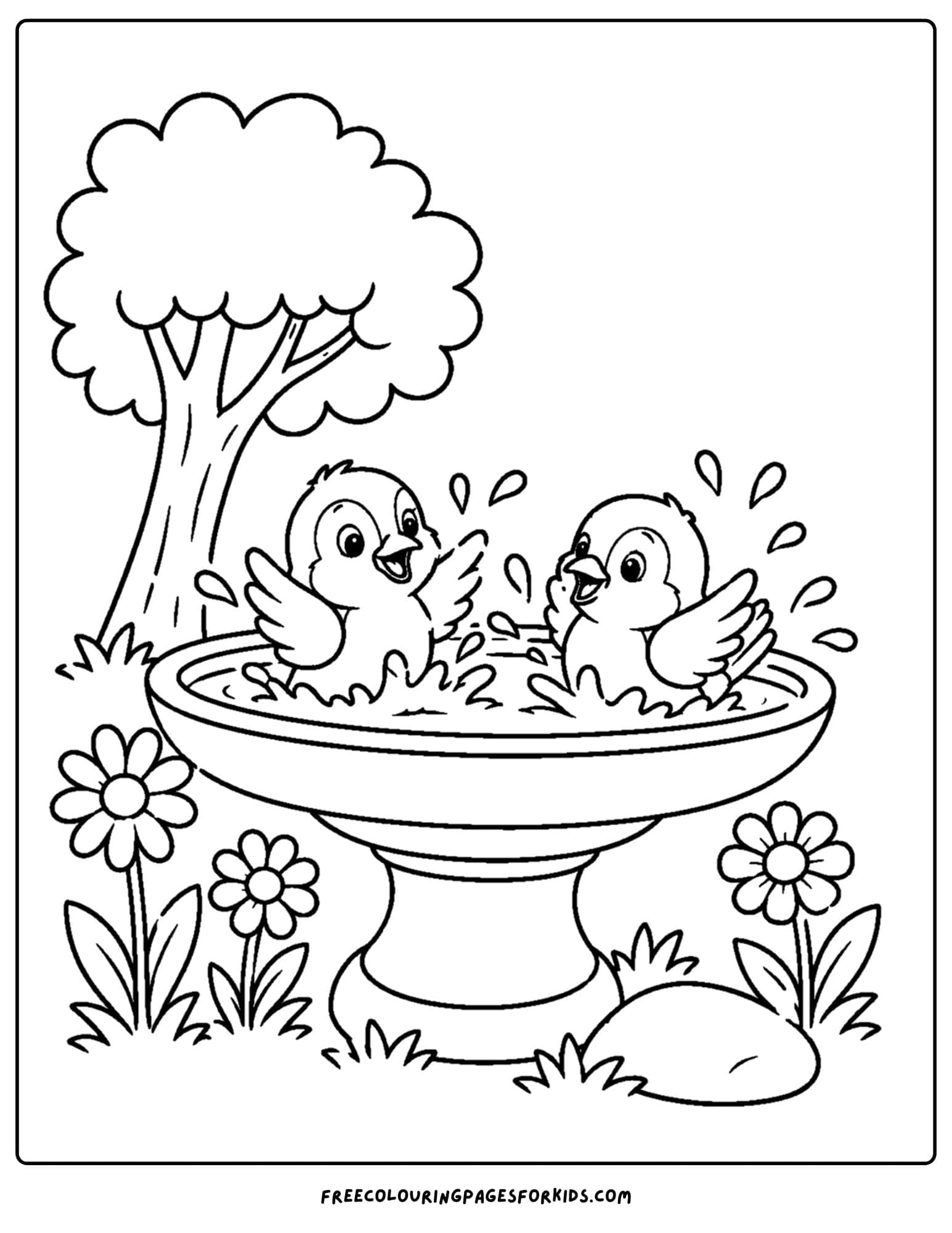 a coloring page of a bird bath with sparrows washing themselves
