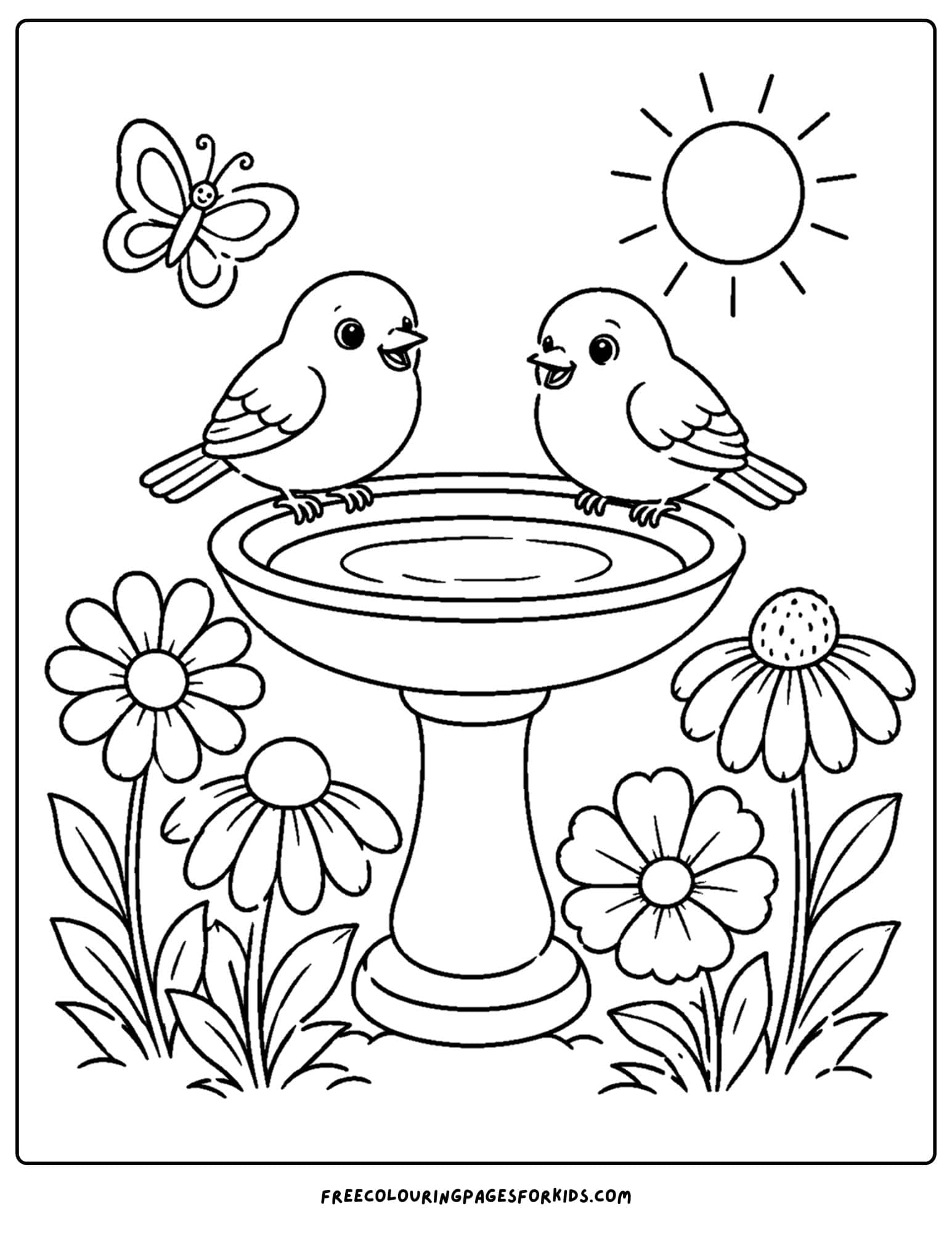 a coloring page of a bird bath with two birds sitting on the edge of it with flowers below