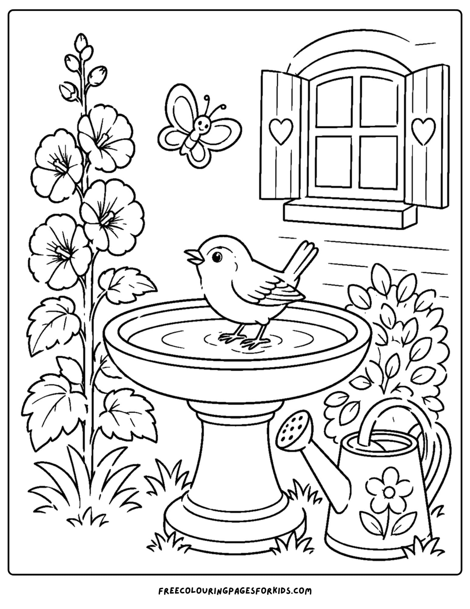 a coloring page of a bird bath with a wren sitting on it in front of a cottage garden