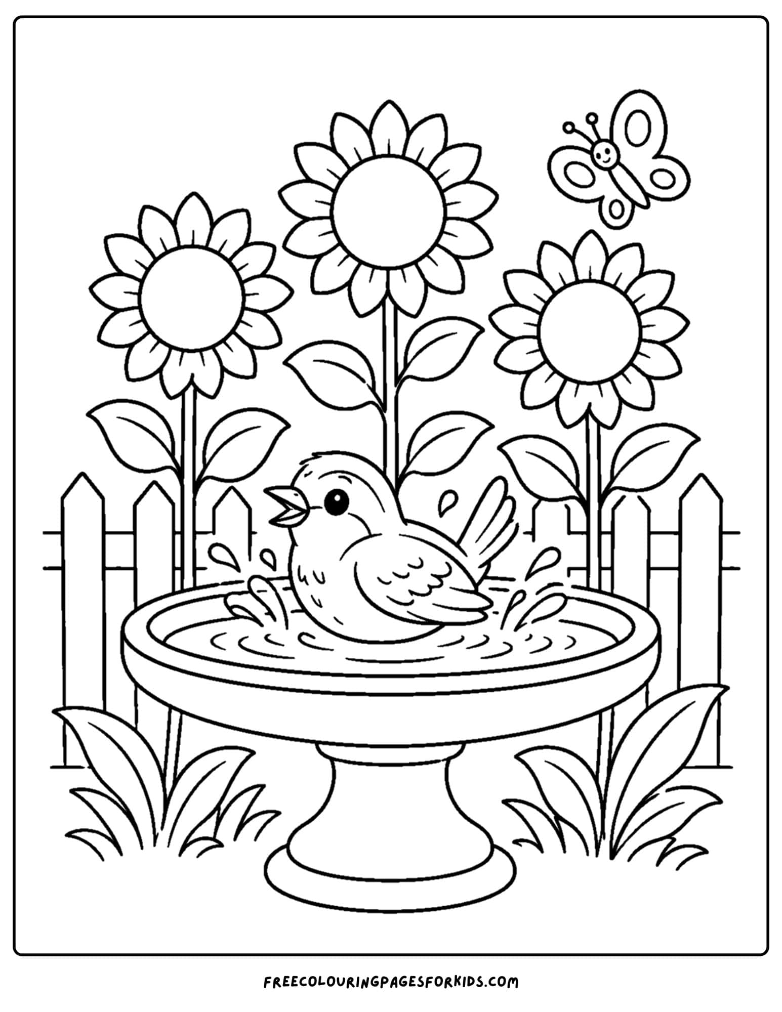 a coloring page of a bird bath with a wren in it and sunflowers behind