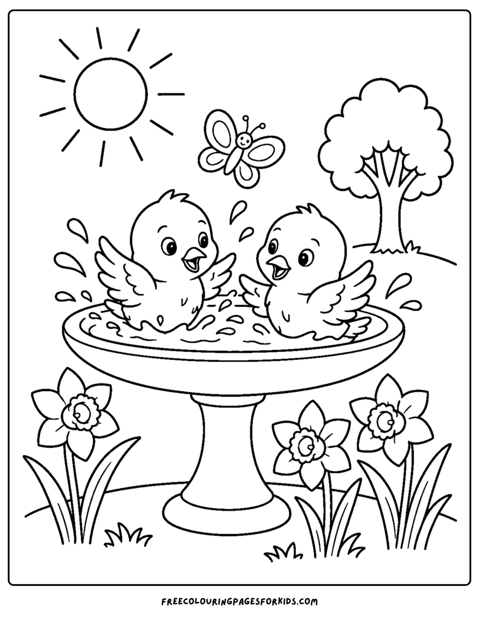 a coloring page of a bird bath with two young birds splashing about