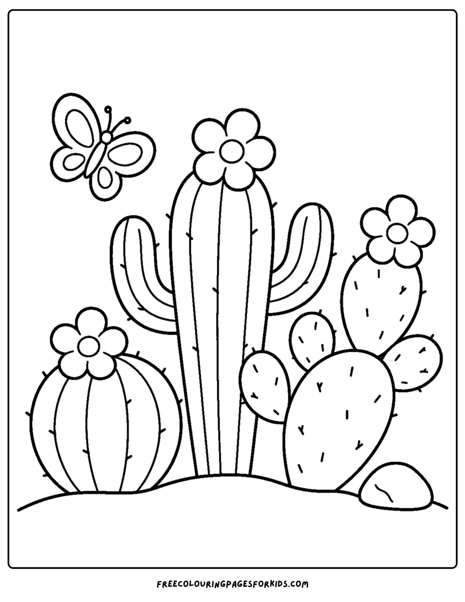 a coloring page of a cactus garden filled with lots of types of cactus