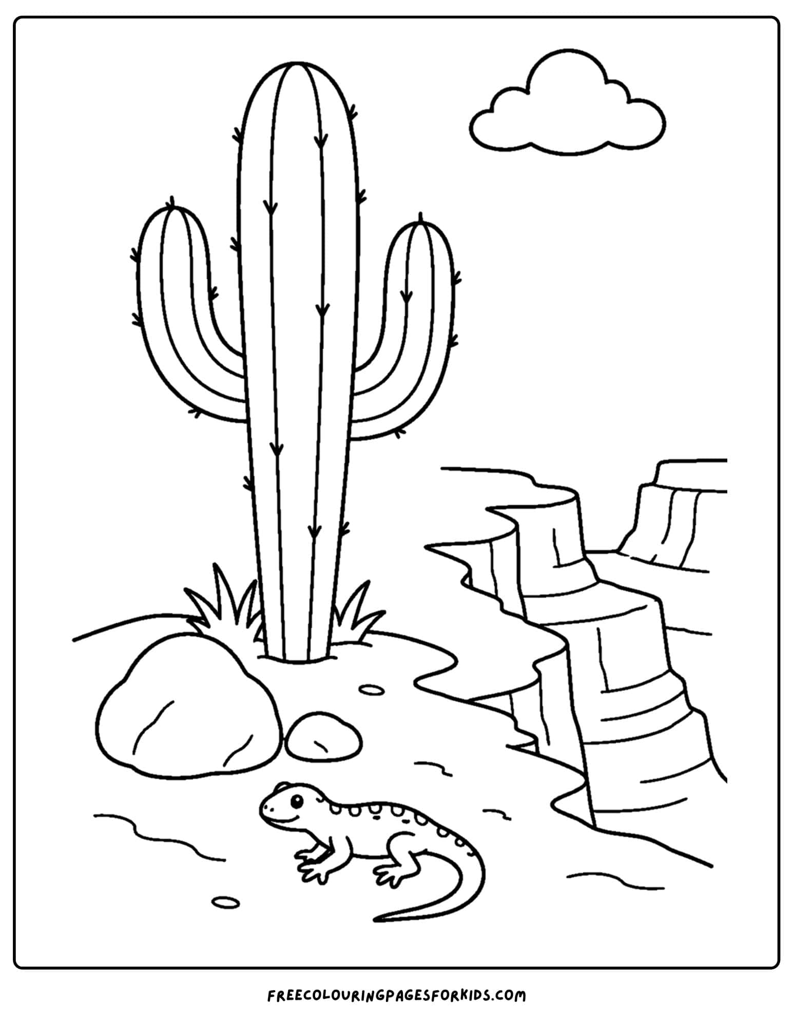 a coloring page of a cactus on the edge of a canyon