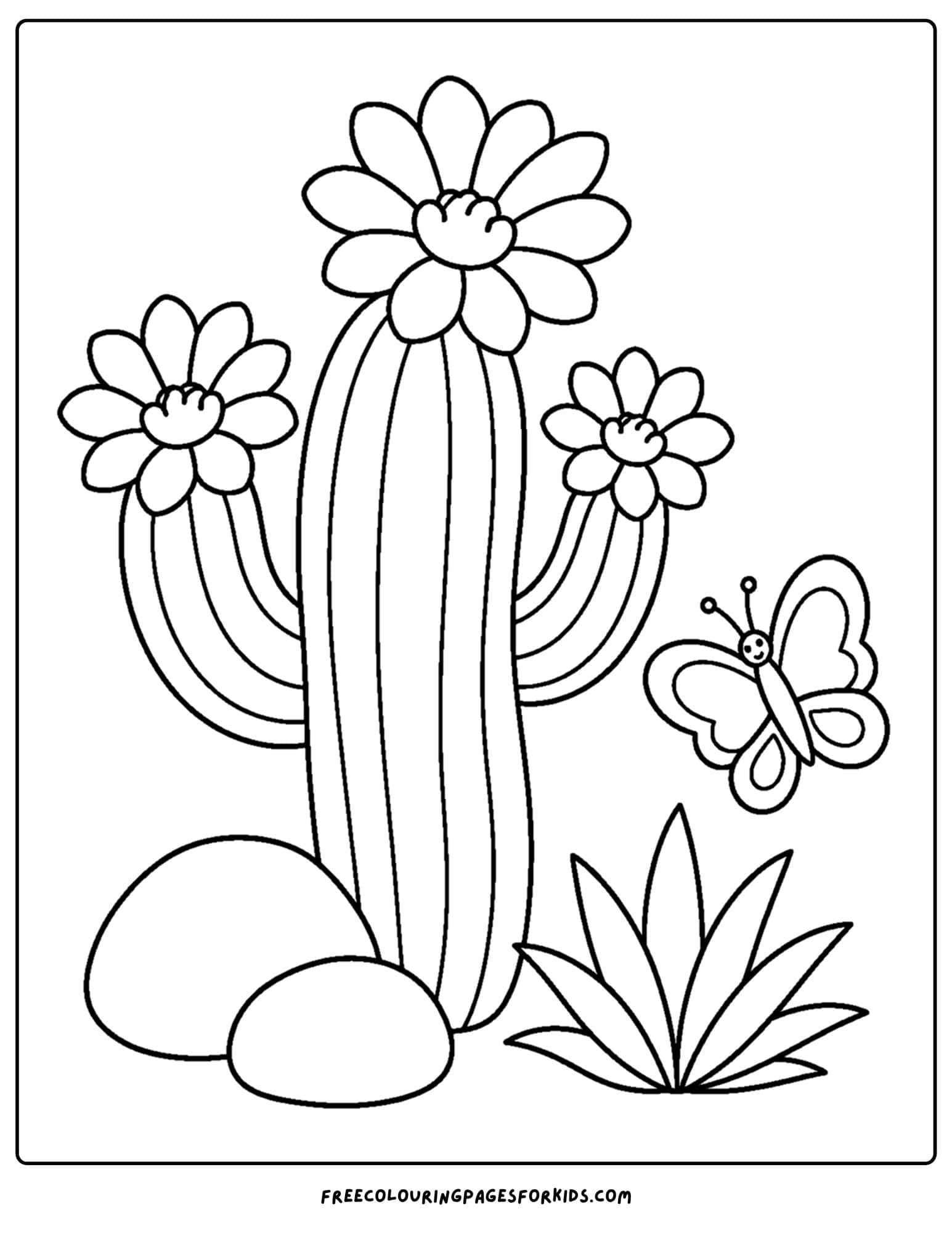 a coloring page of a cactus blooming in the wild