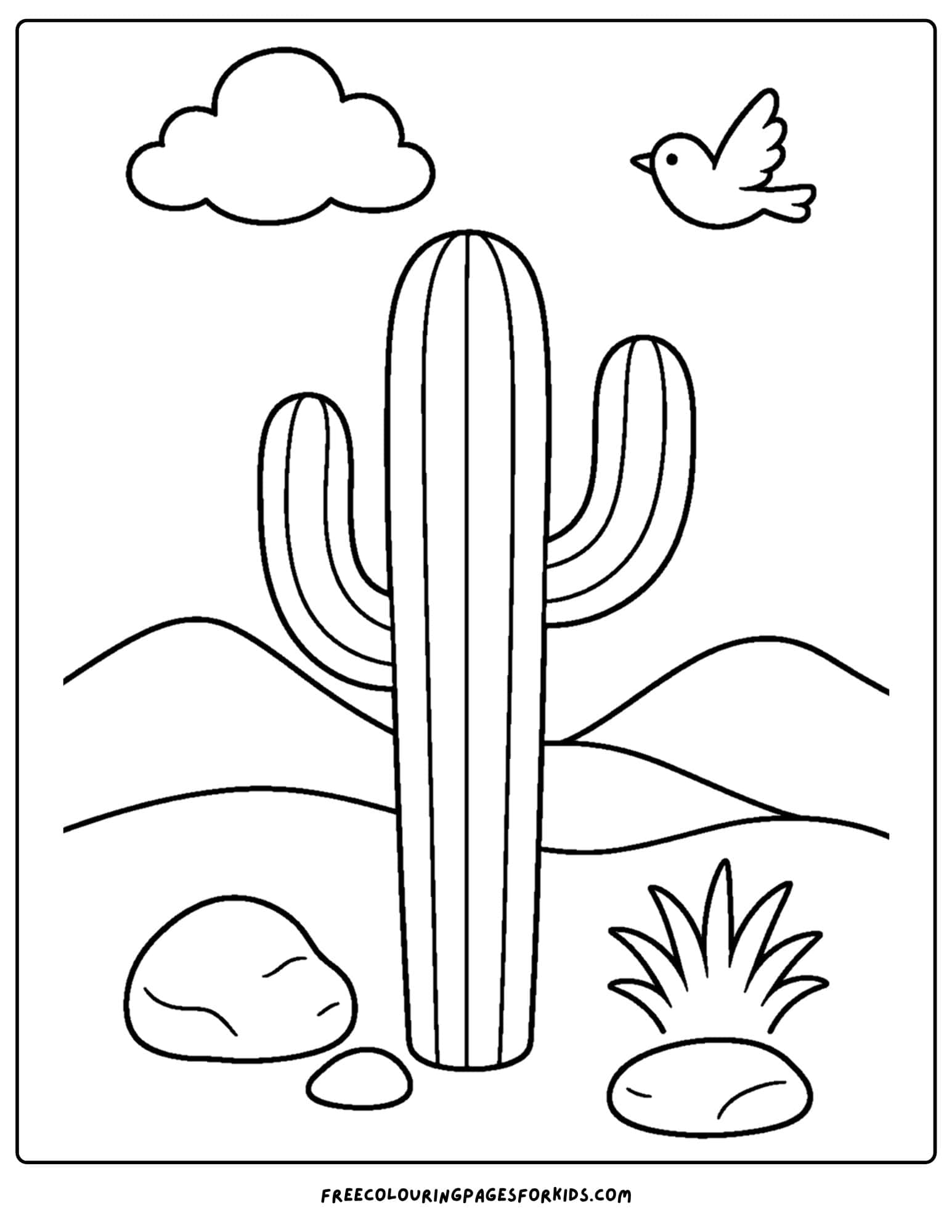 a coloring page of a cactus in a desert with sand dunes