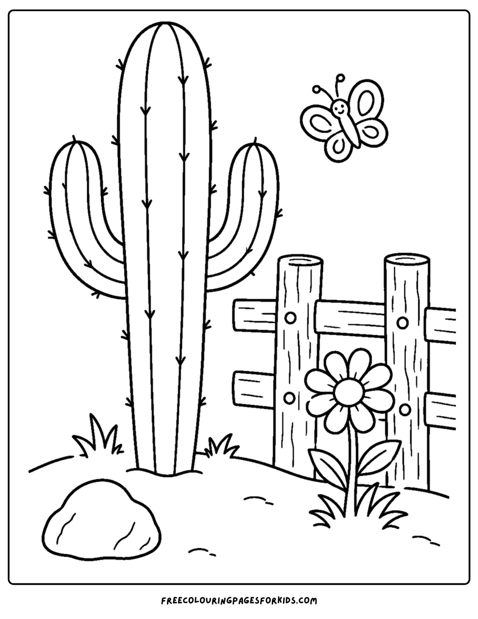 a coloring page of a cactus beside an old wooden fence