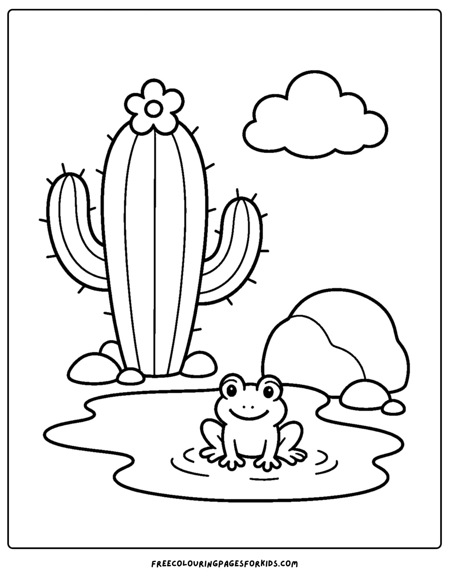 a coloring page of a cactus with a frog in a small puddle