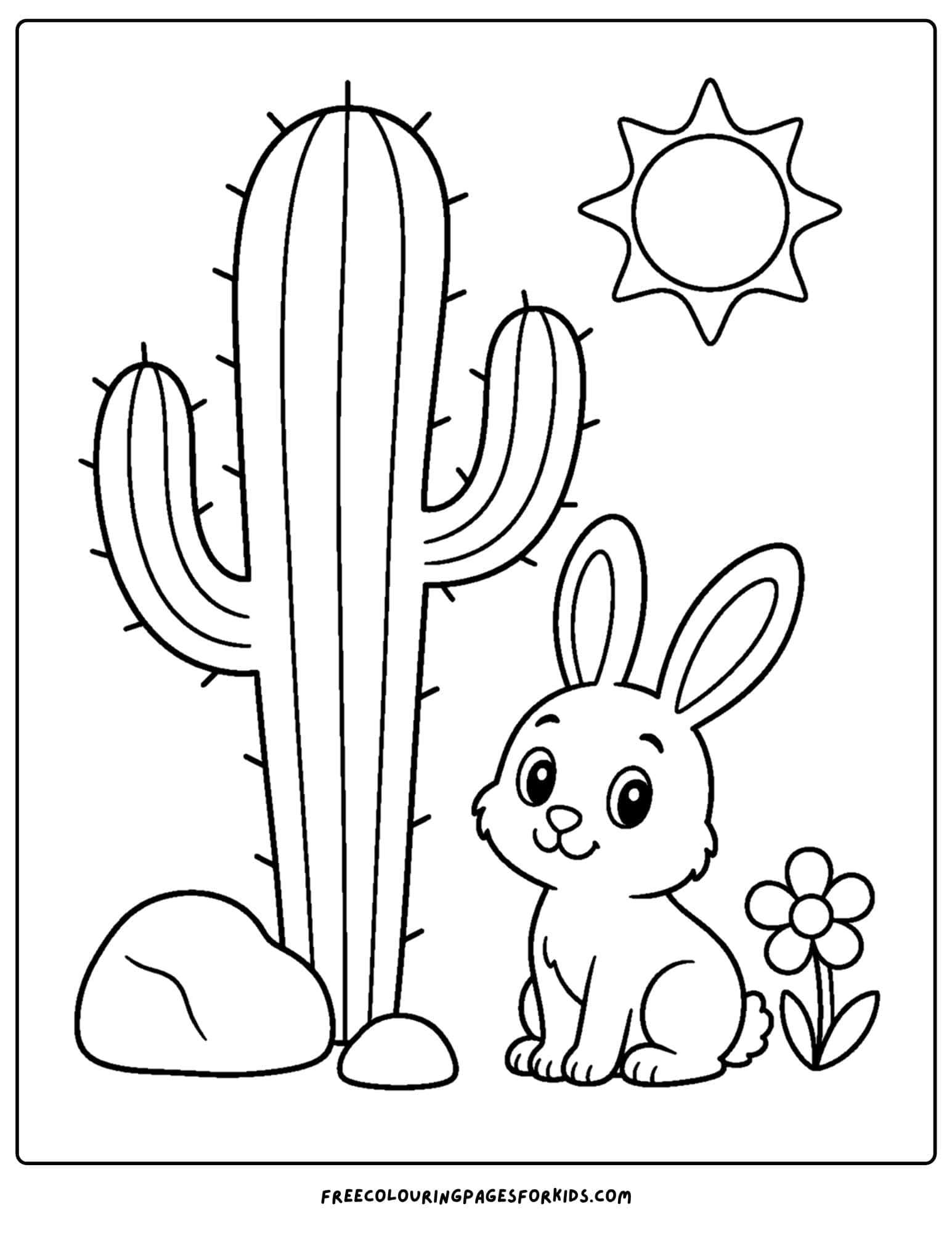 a coloring page of a cactus with a rabbit beside it