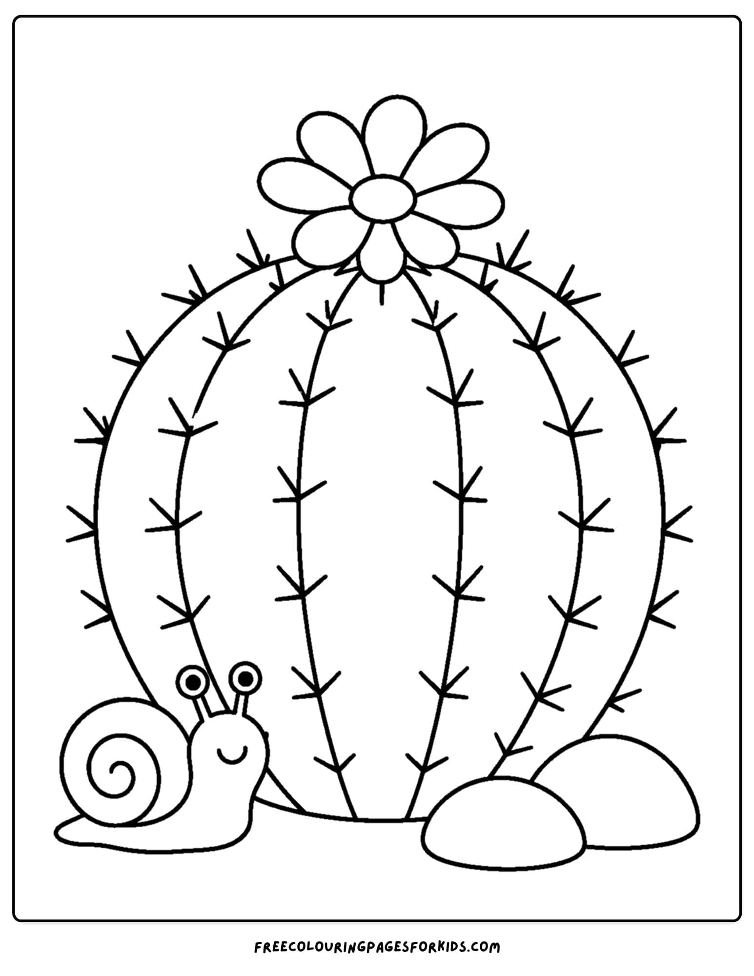a coloring page of a prickly cactus and a snail