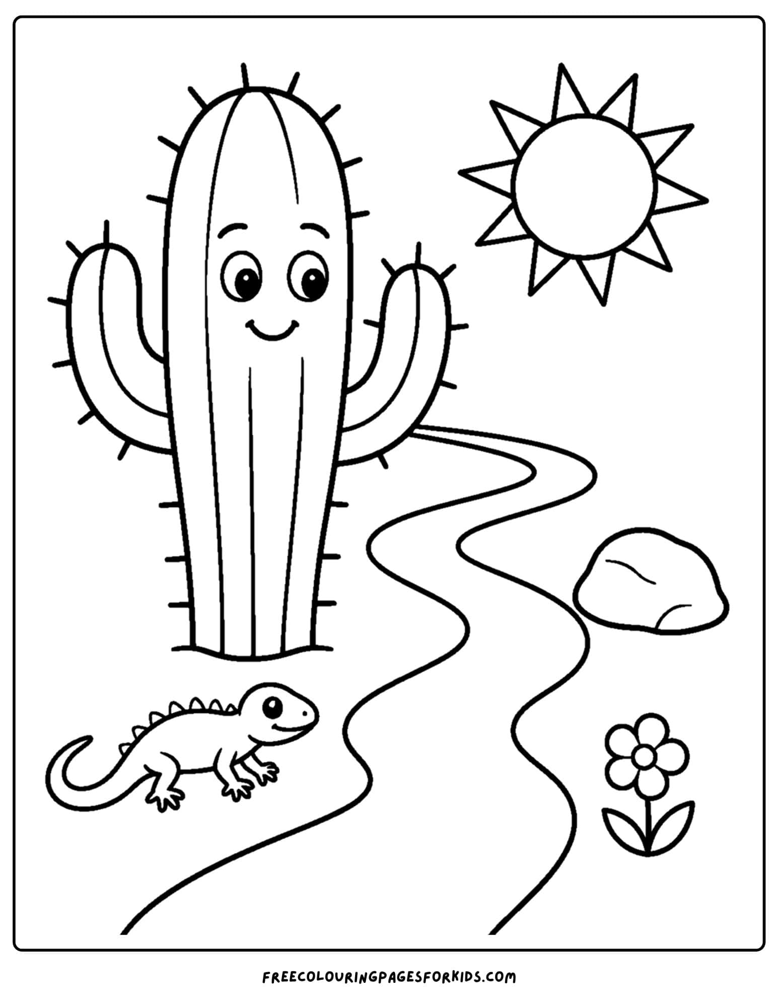 a coloring page of a cactus smiling beside a winding path