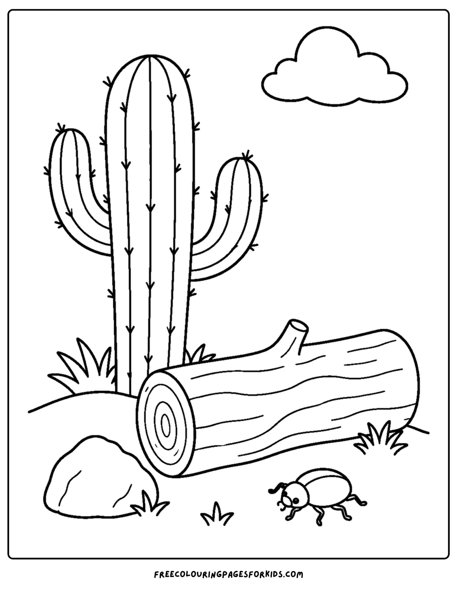a coloring page of a cactus beside a fallen log