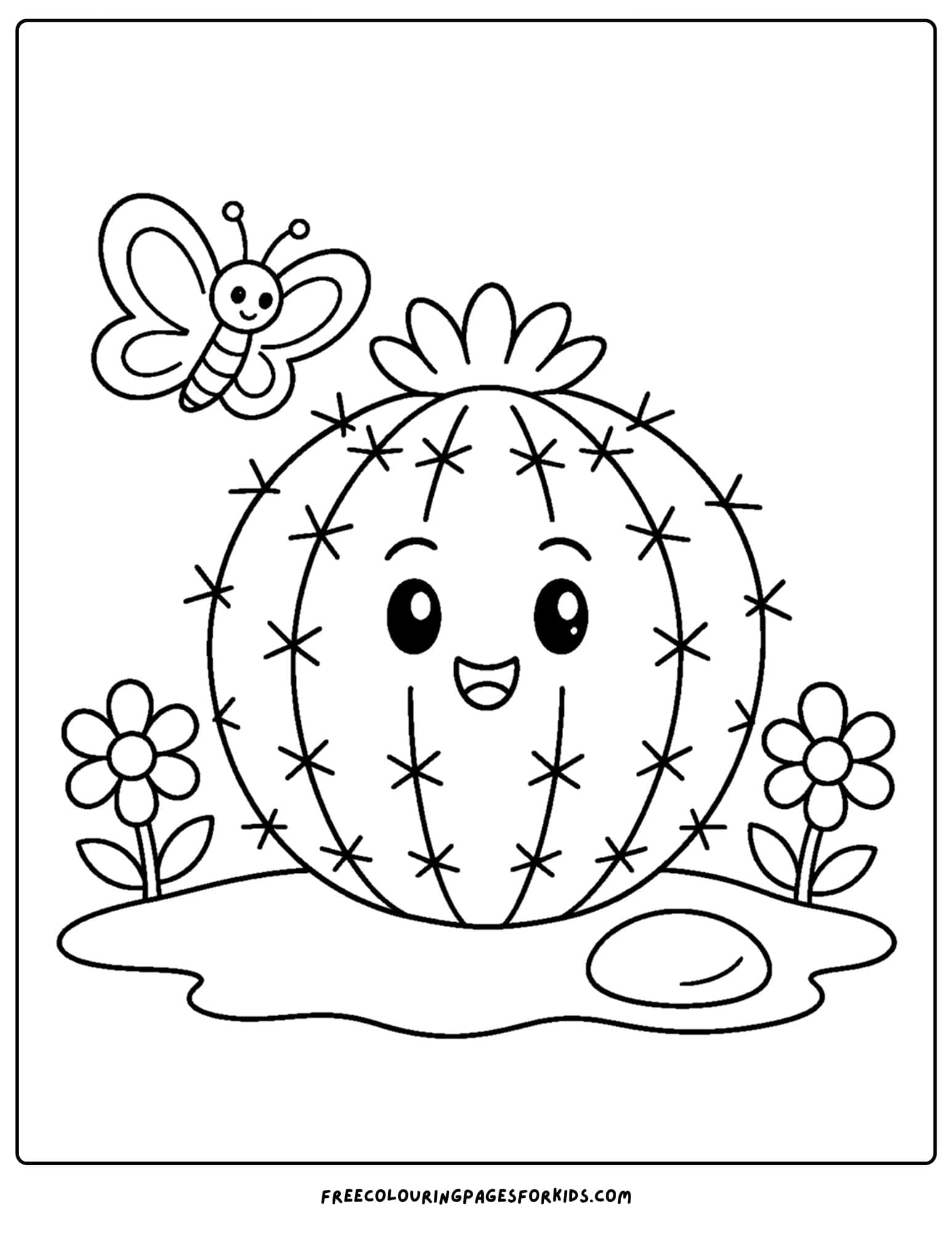 a coloring page of a cactus with a butterfly above