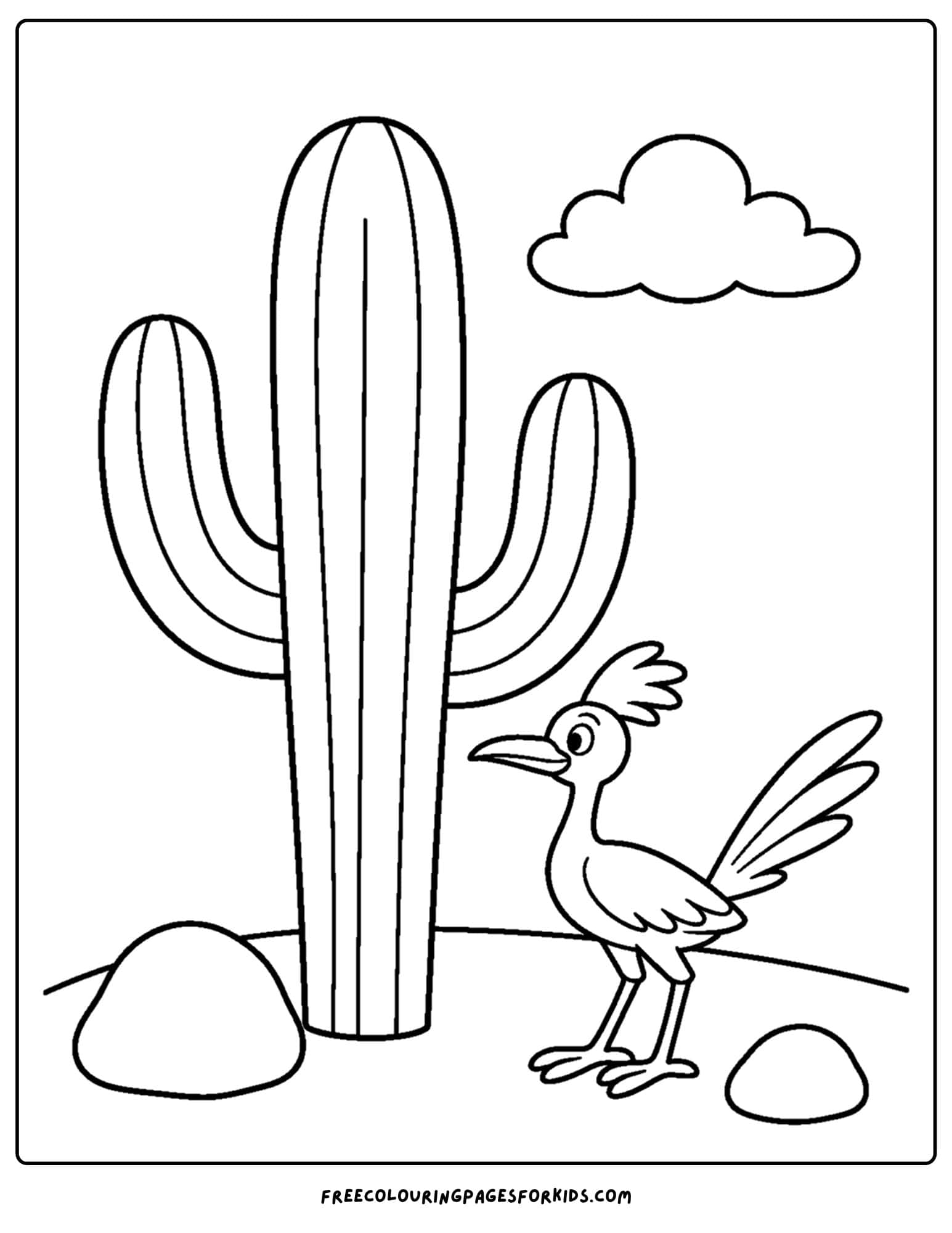 a coloring page of a cactus with a roadrunner beside it