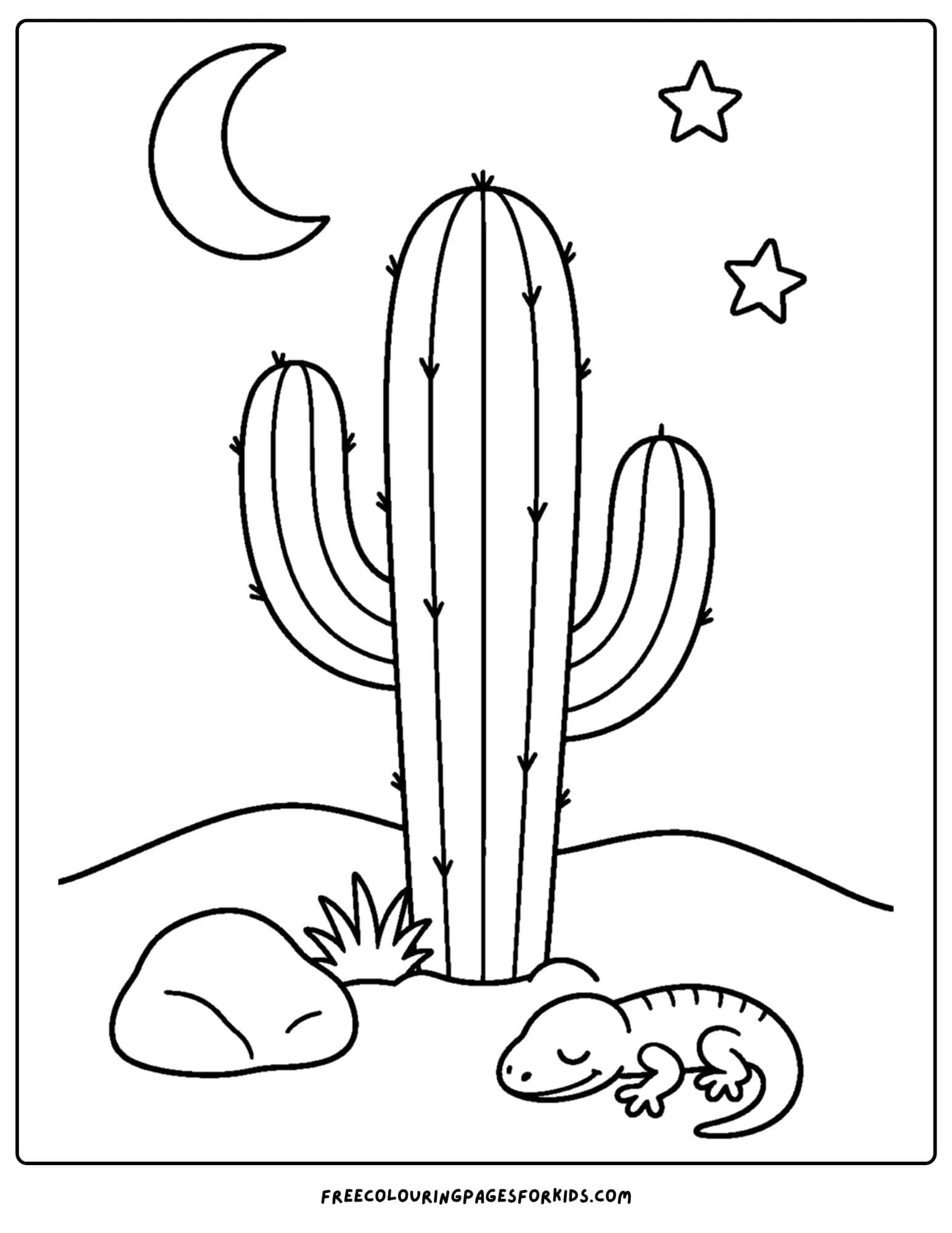 a coloring page of a cactus seen under the moon