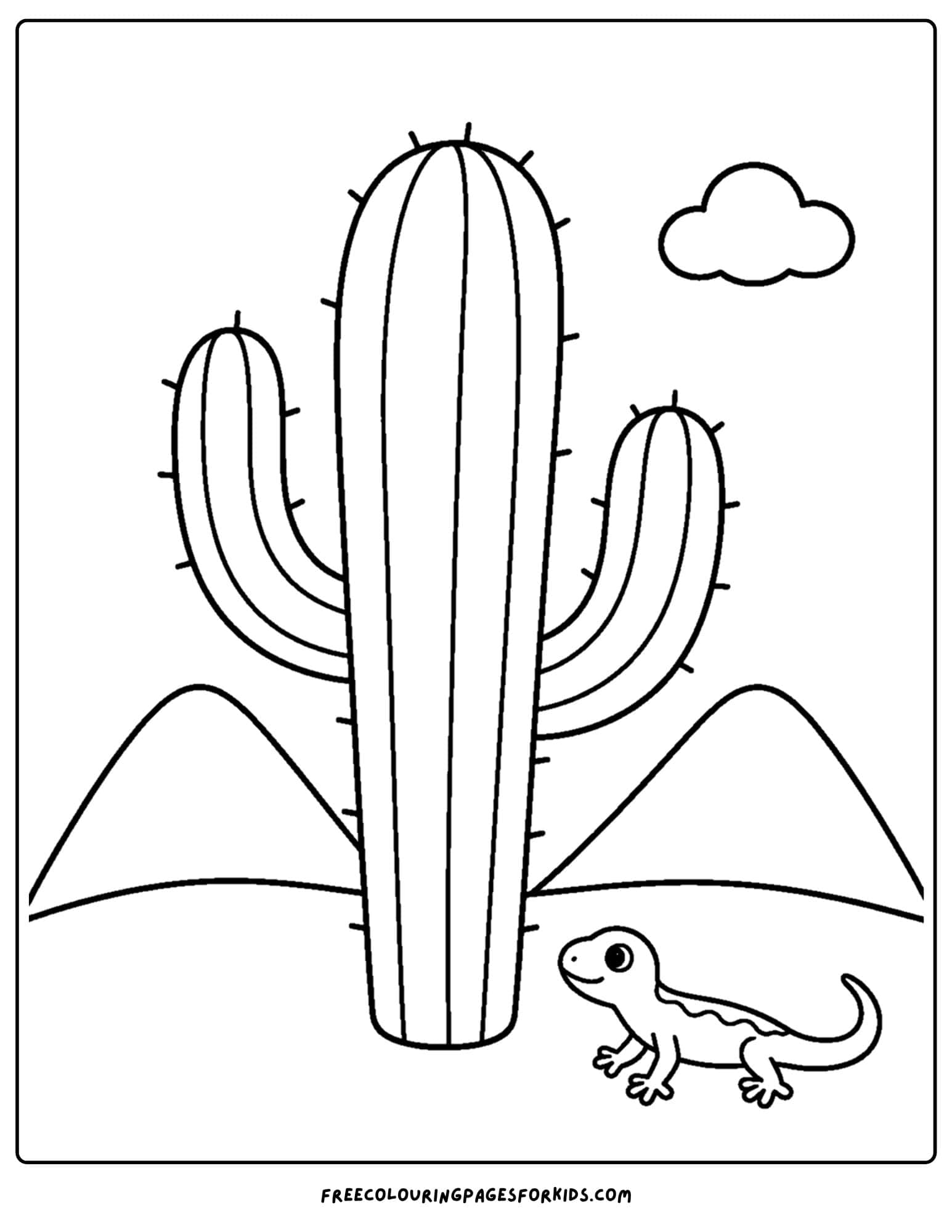 a coloring page of a cactus with mountains in the background