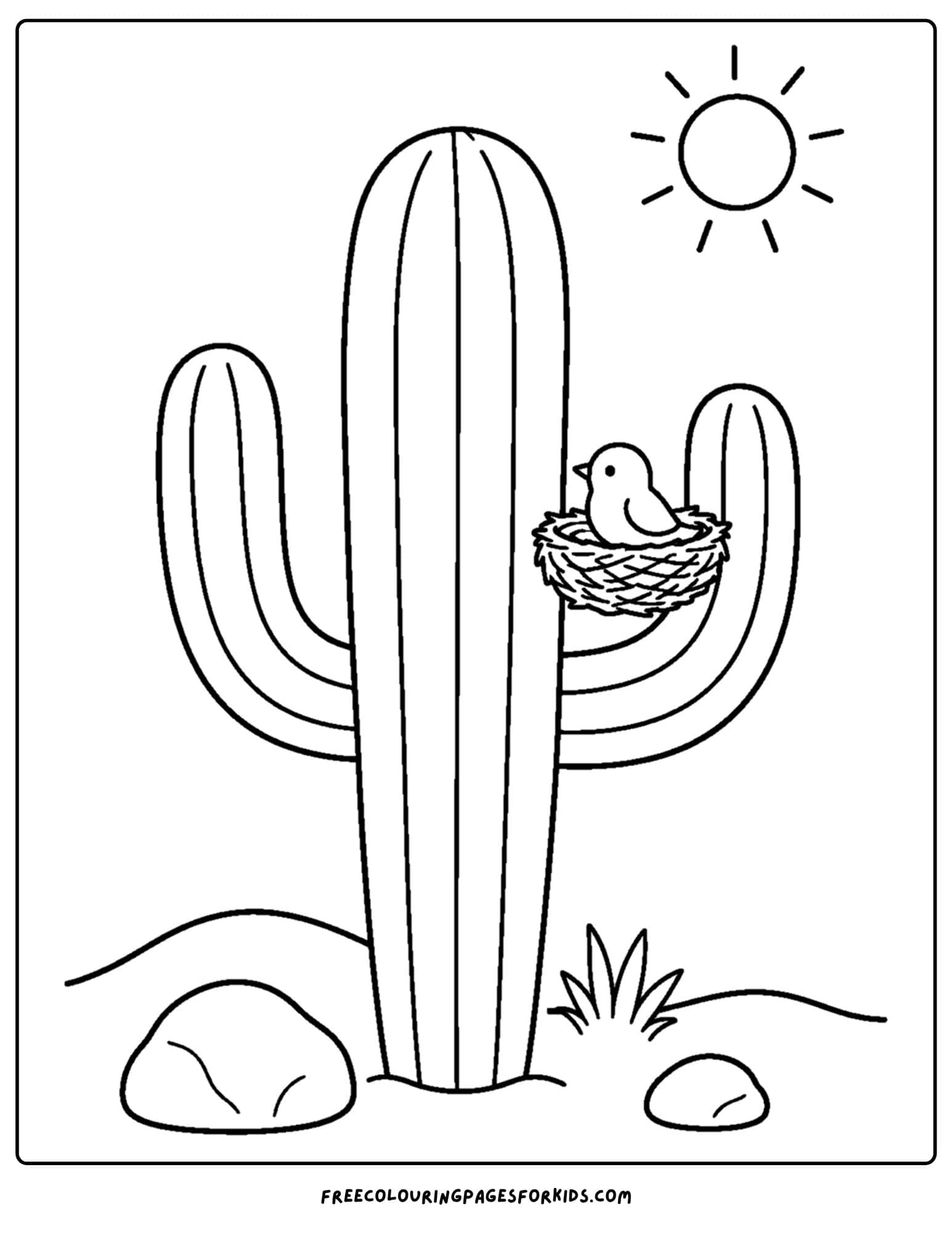 a coloring page of a cactus with a bird nest in it