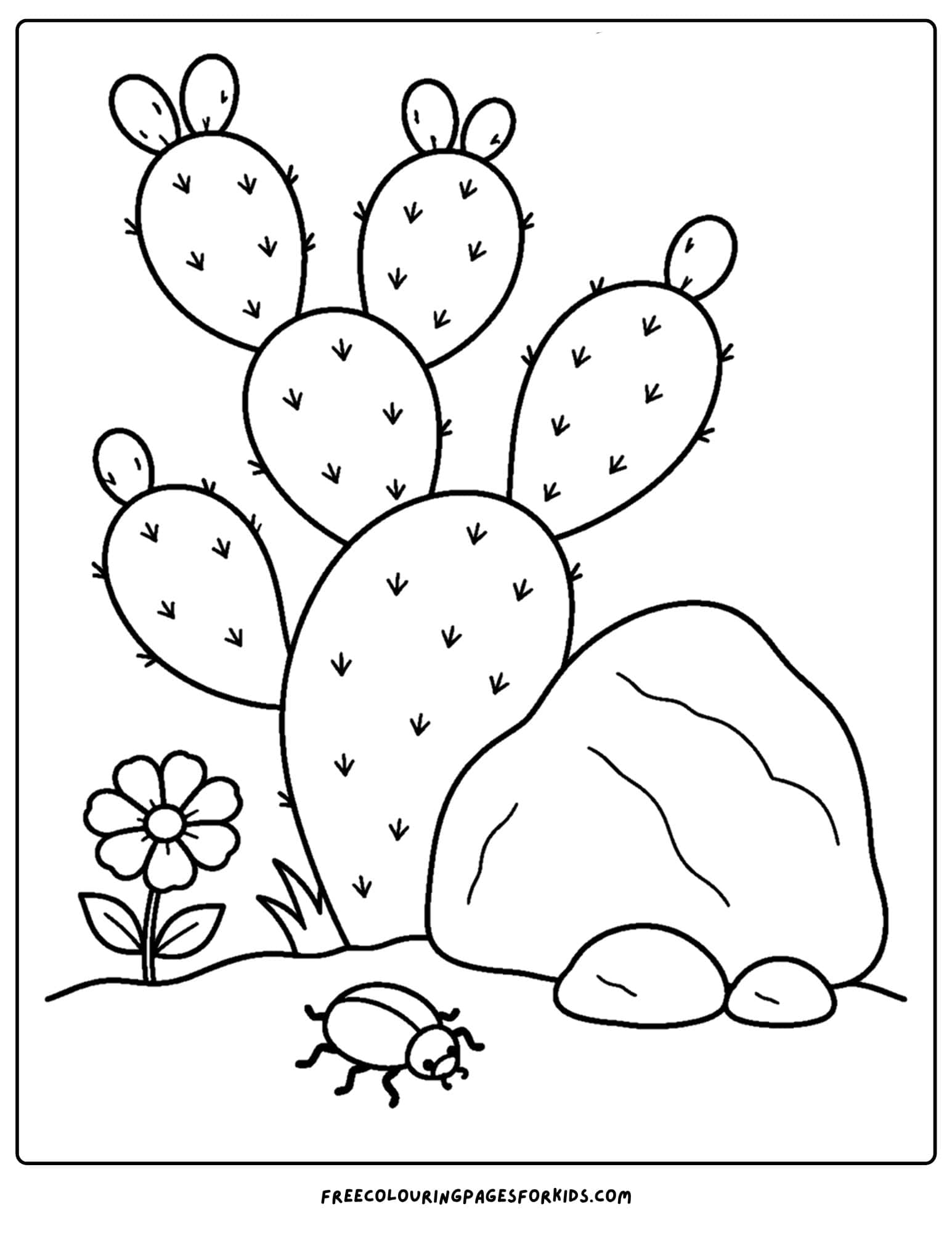 a coloring page of a prickly pear cactus beside a rock