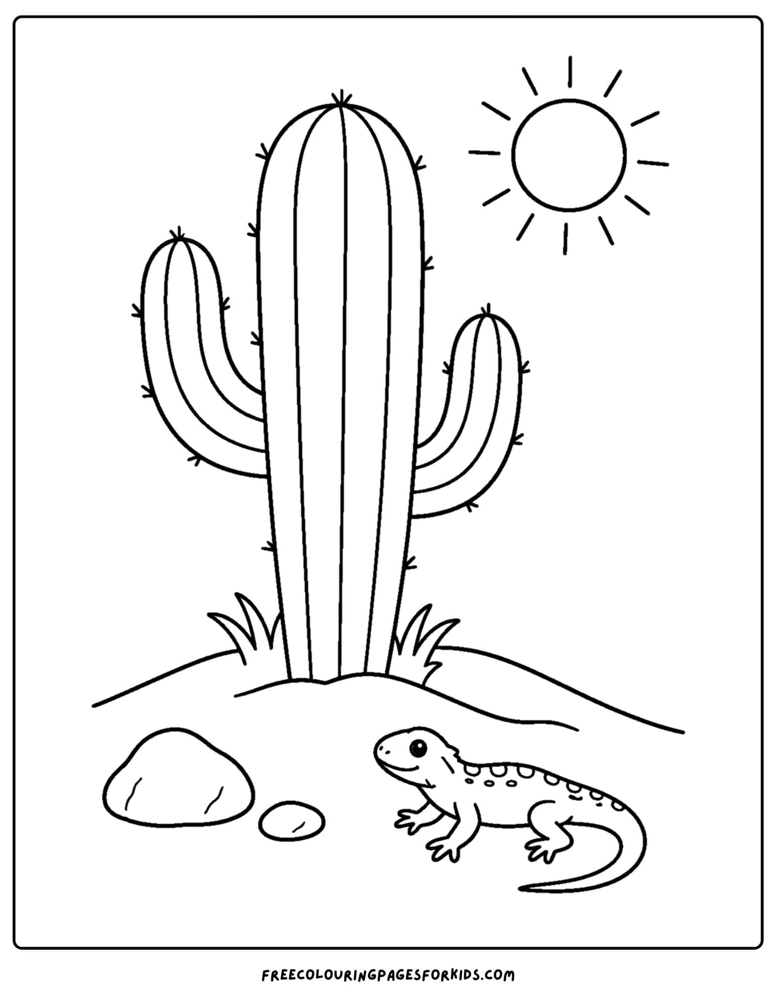 a coloring page of a cactus on a sandy hill with a lizard