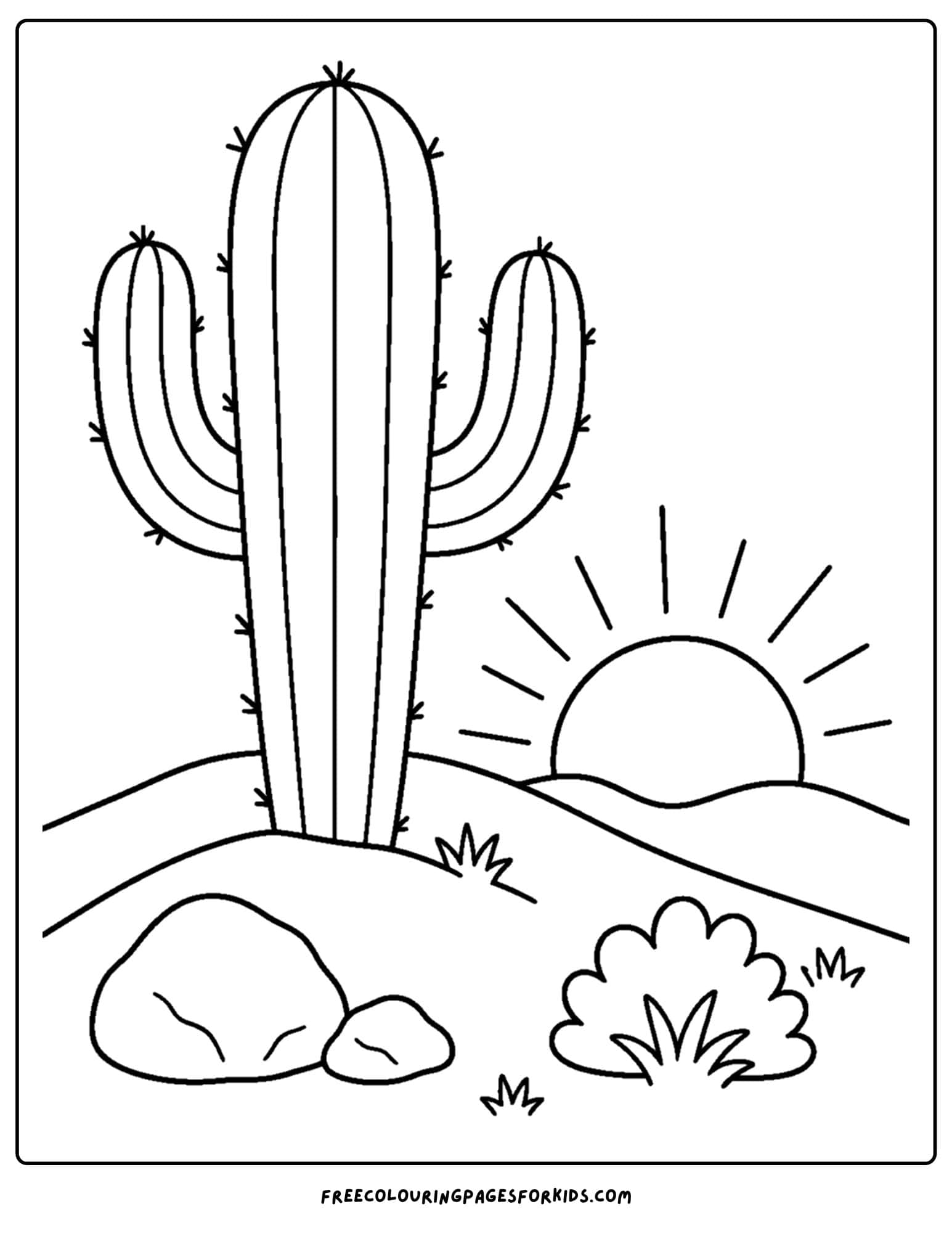 a coloring page of a cactus on a hill at sunrise