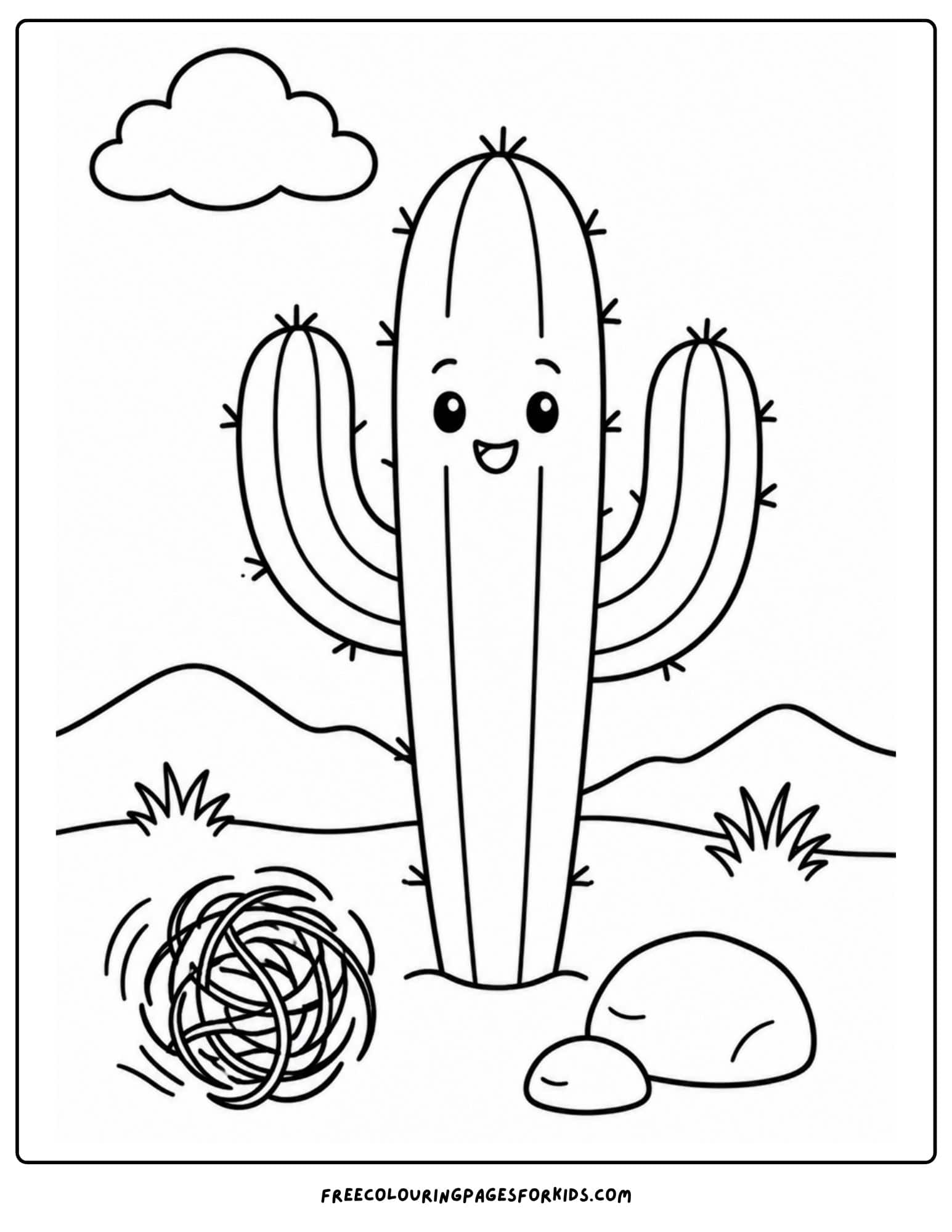 a coloring page of a cactus with a tumbleweed rolling past