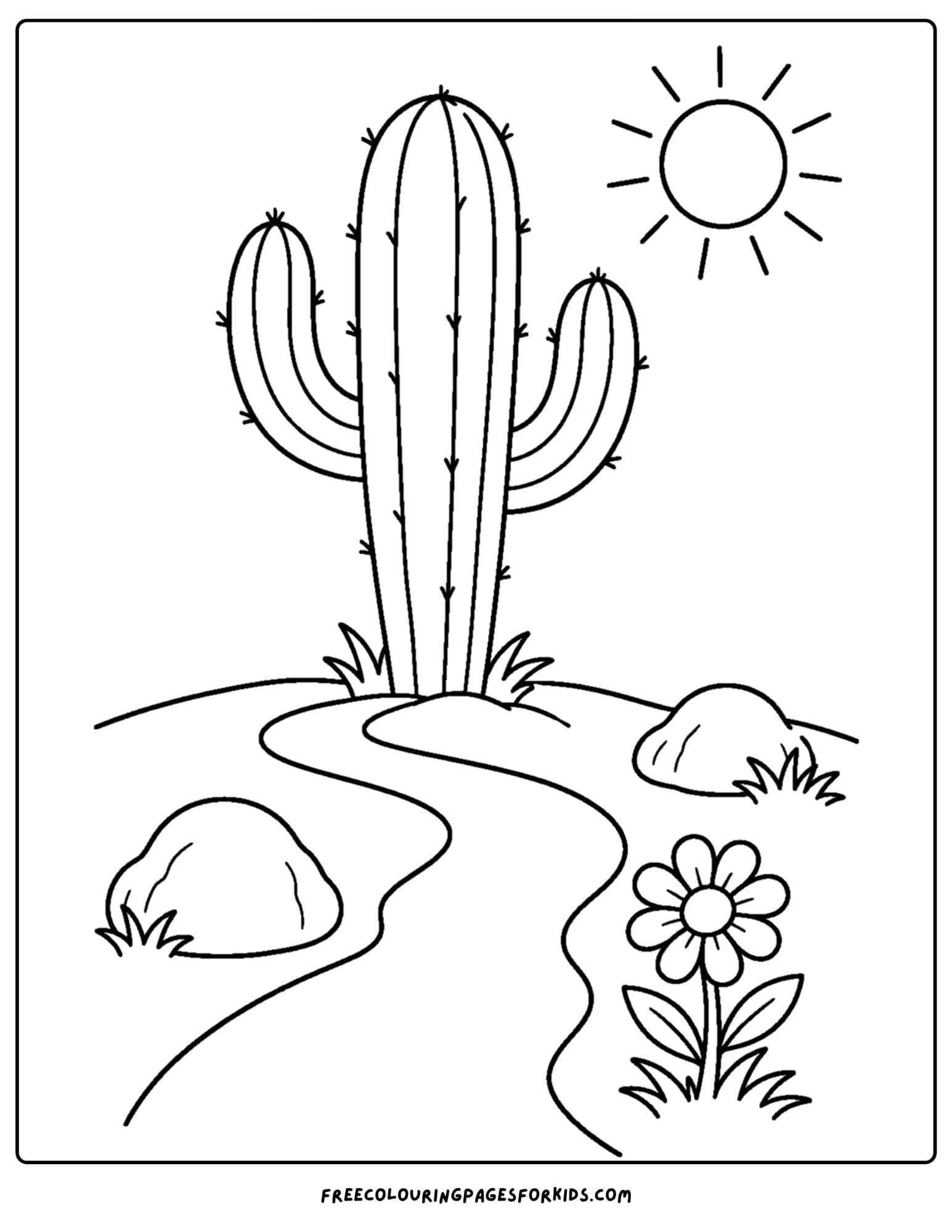 a coloring page of a cactus along a winding desert path