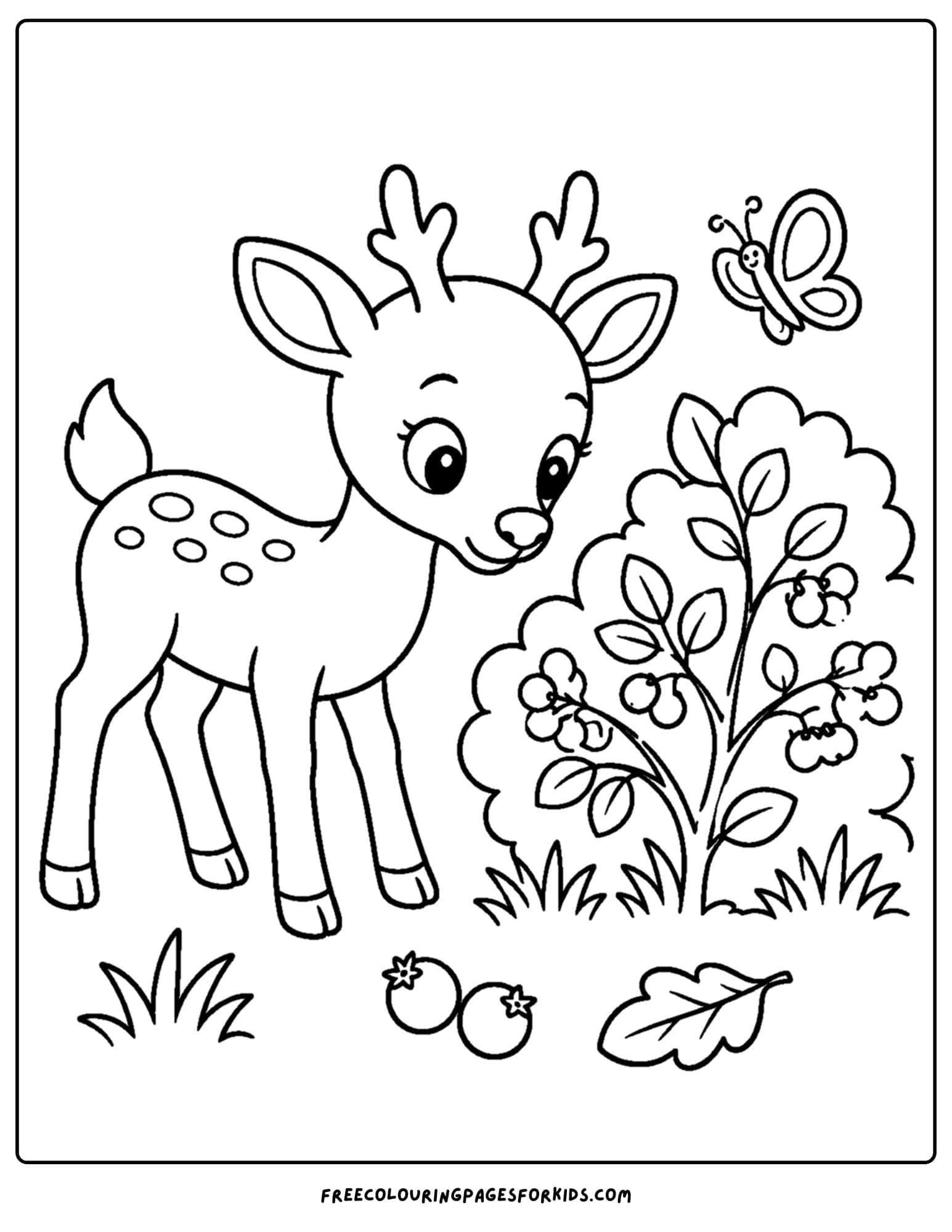 a coloring page of a deer looking at a berry bush