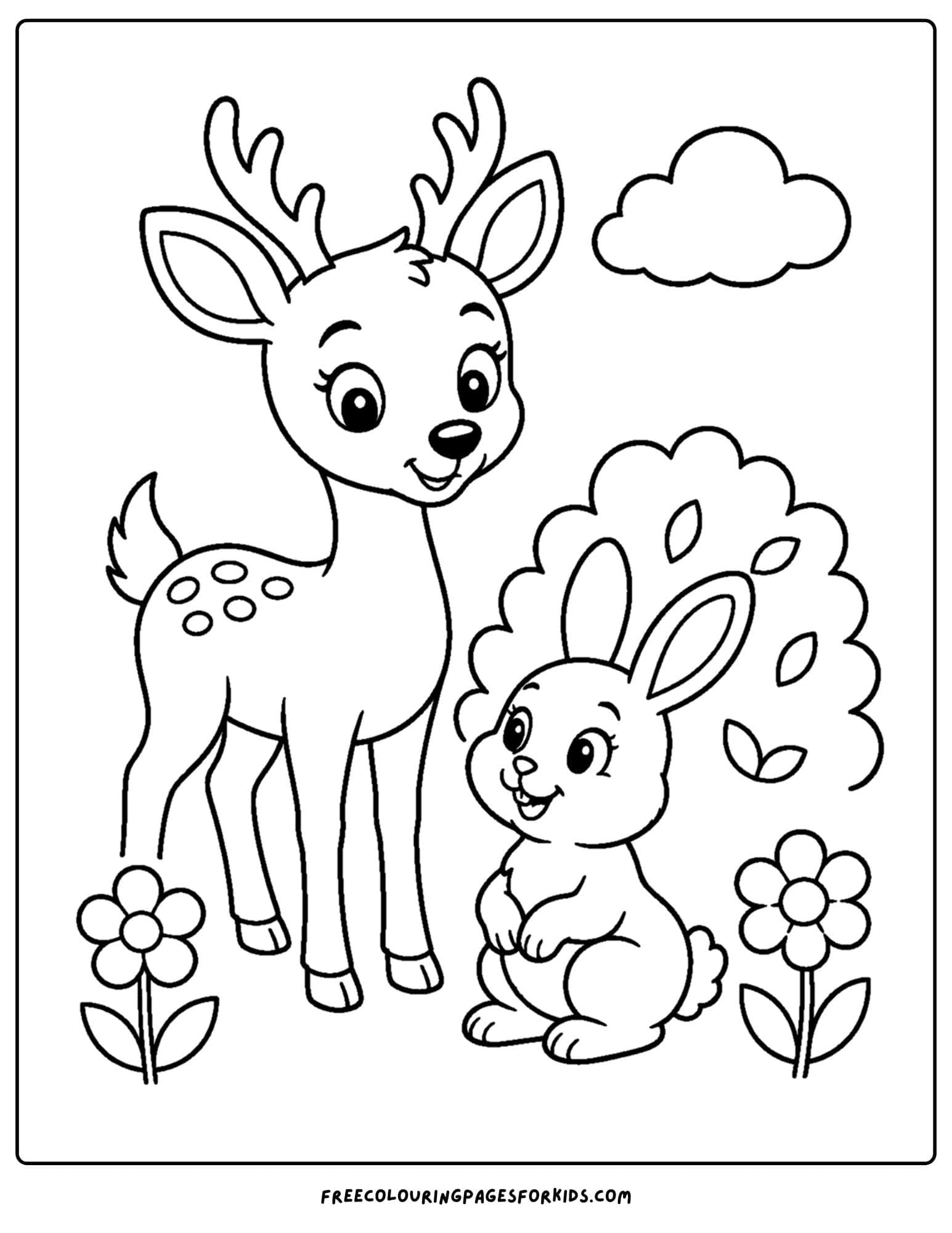 a coloring page of a deer standing beside a rabbit in a meadow