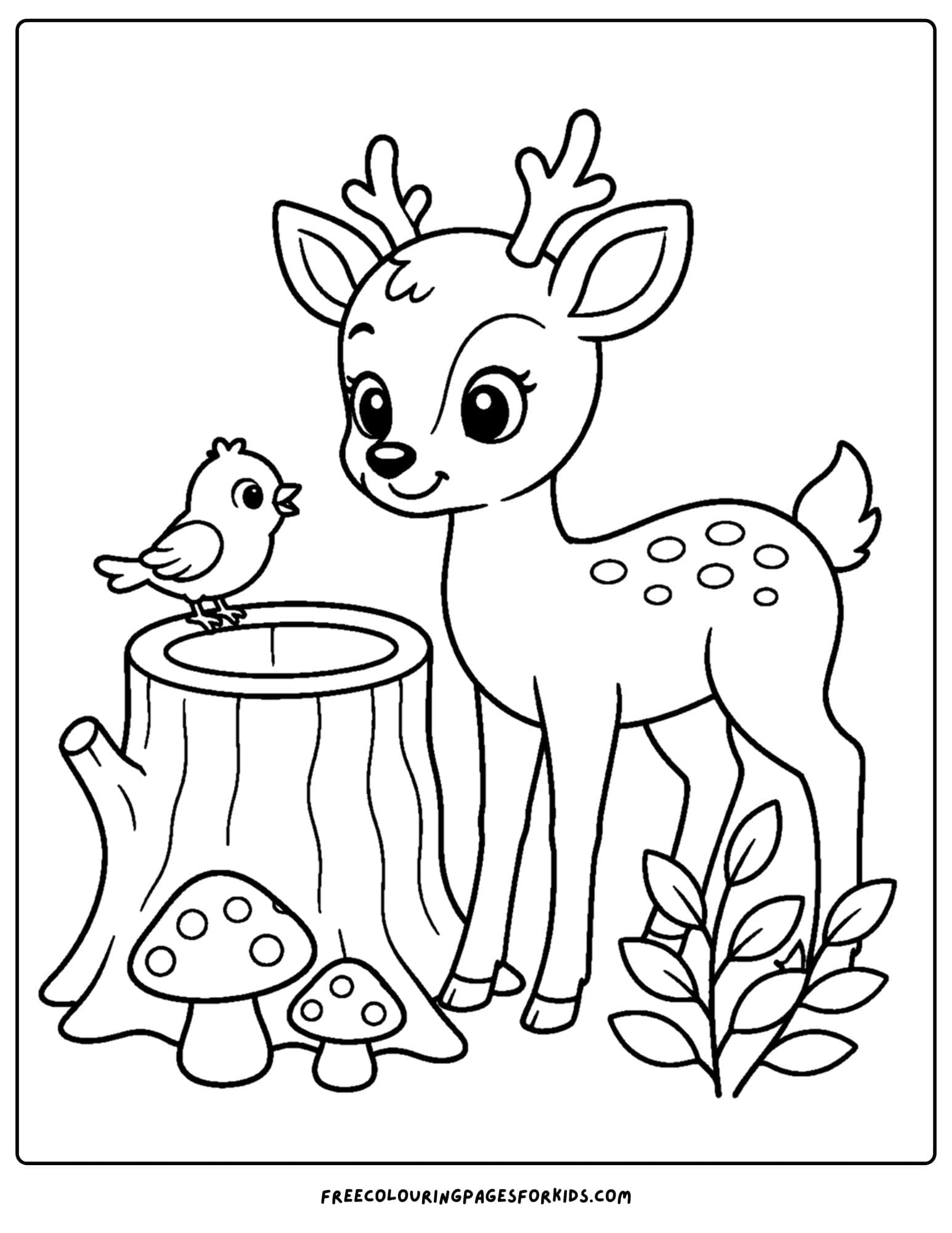 a coloring page of a deer beside a tree stump that has a bird on it