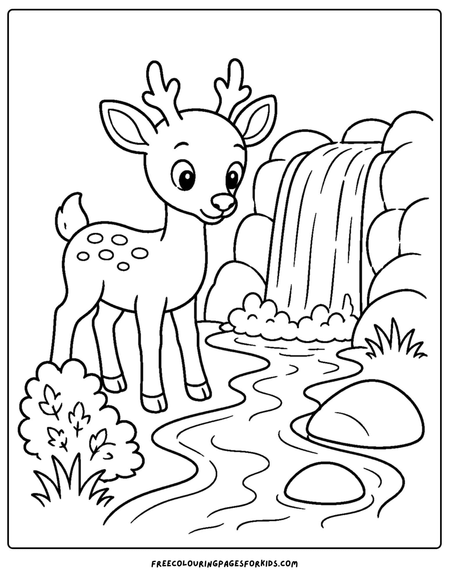 a coloring page of a deer beside a waterfall