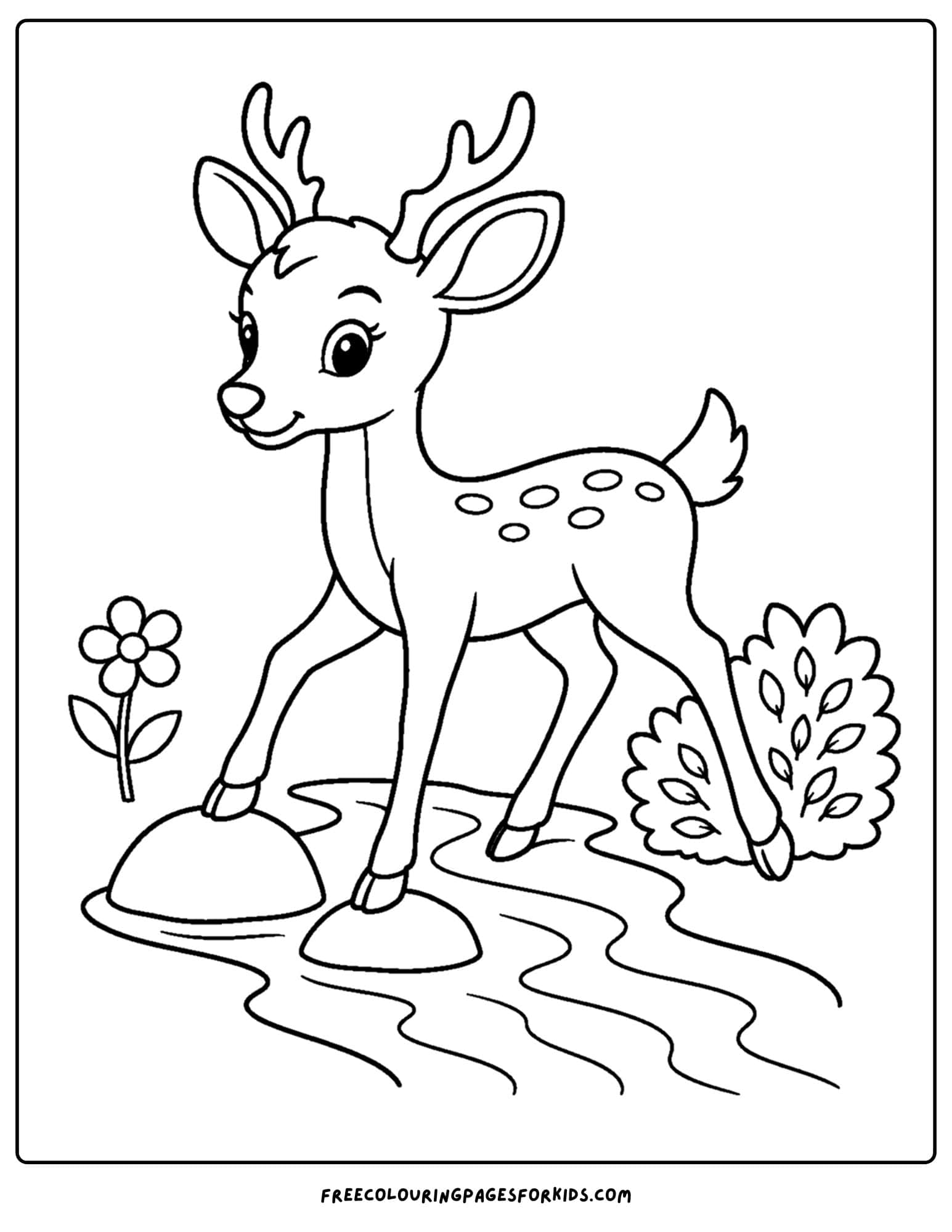 a coloring page of a deer crossing a creek