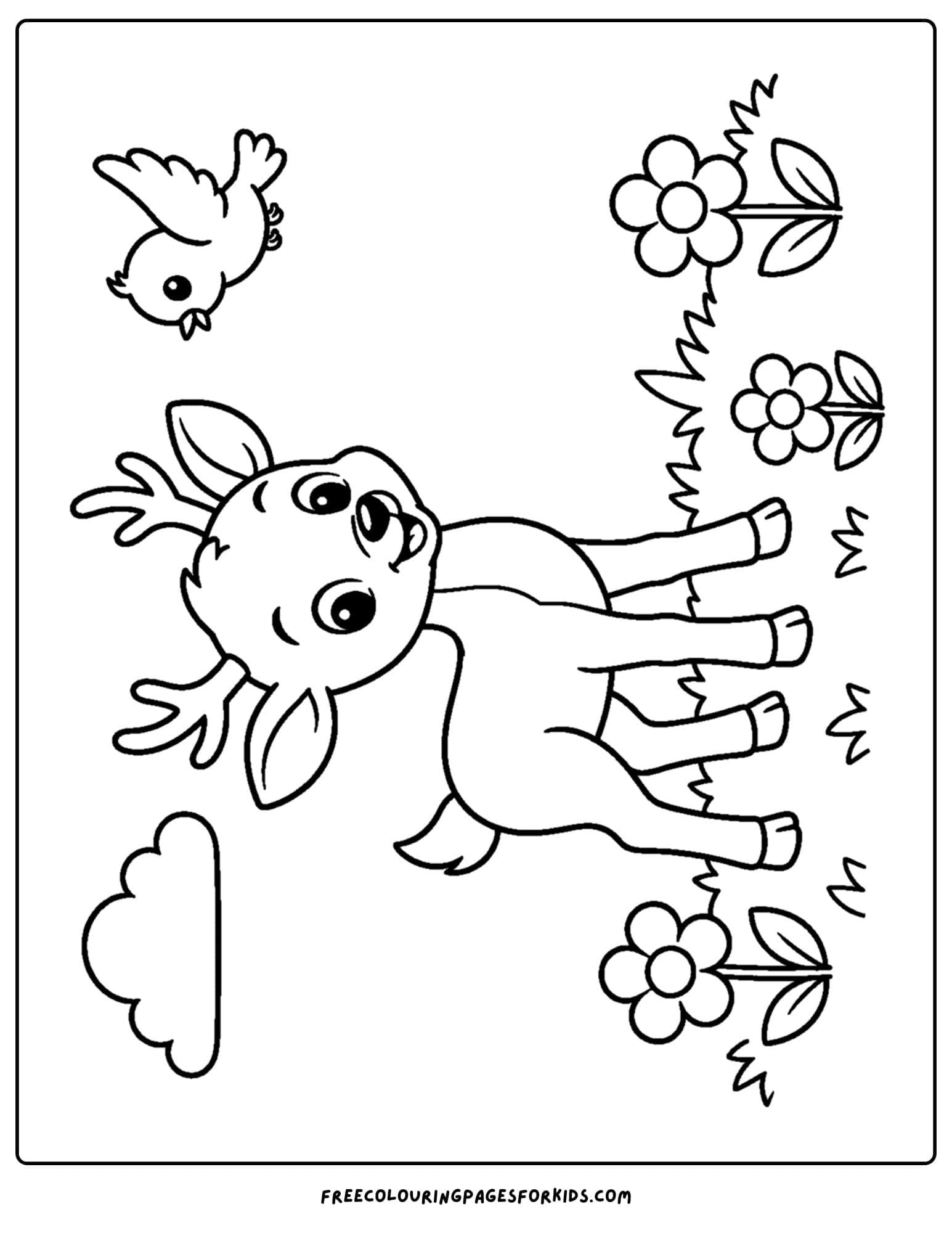 a coloring page of a deer standing in a grassy meadow