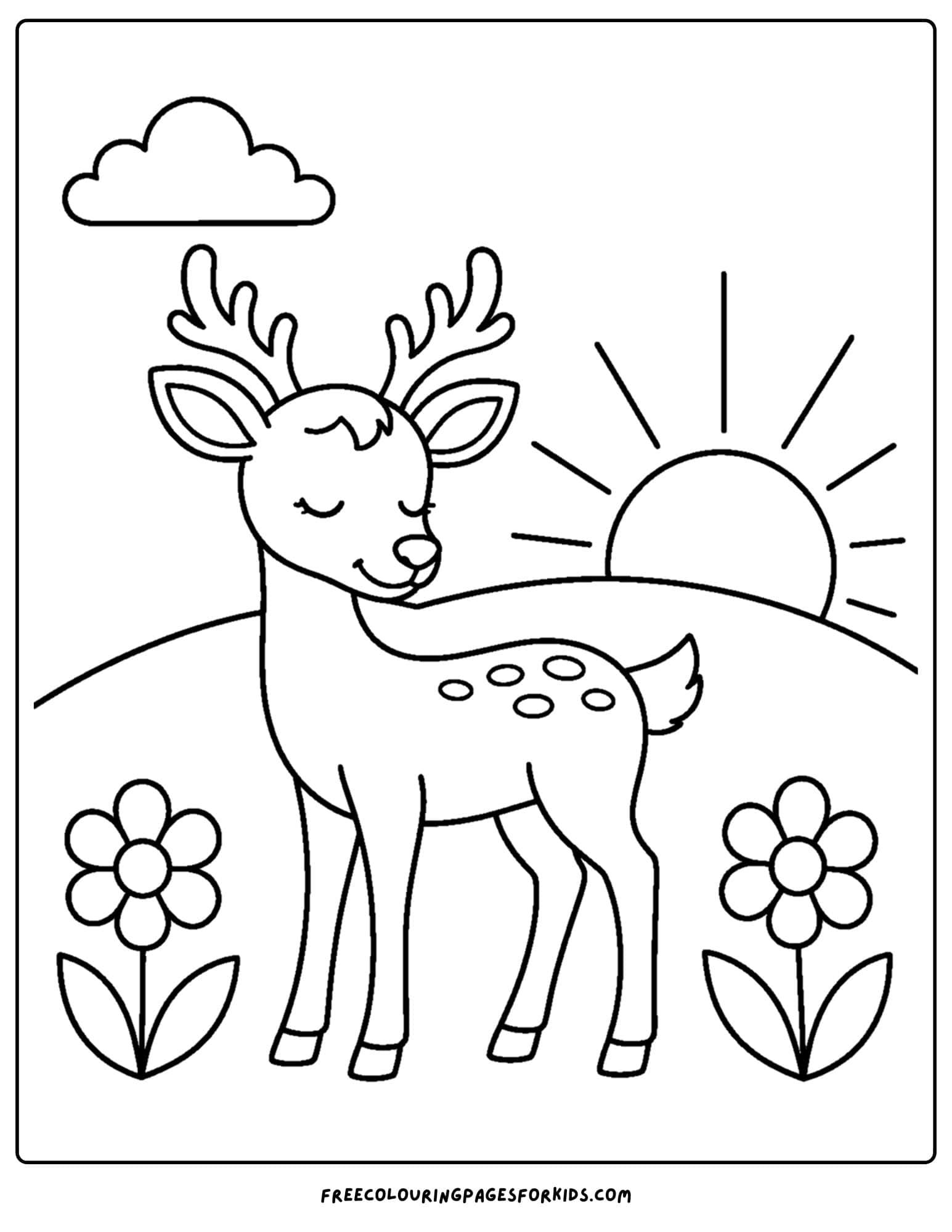 a coloring page of a deer standing on a hill at sunset