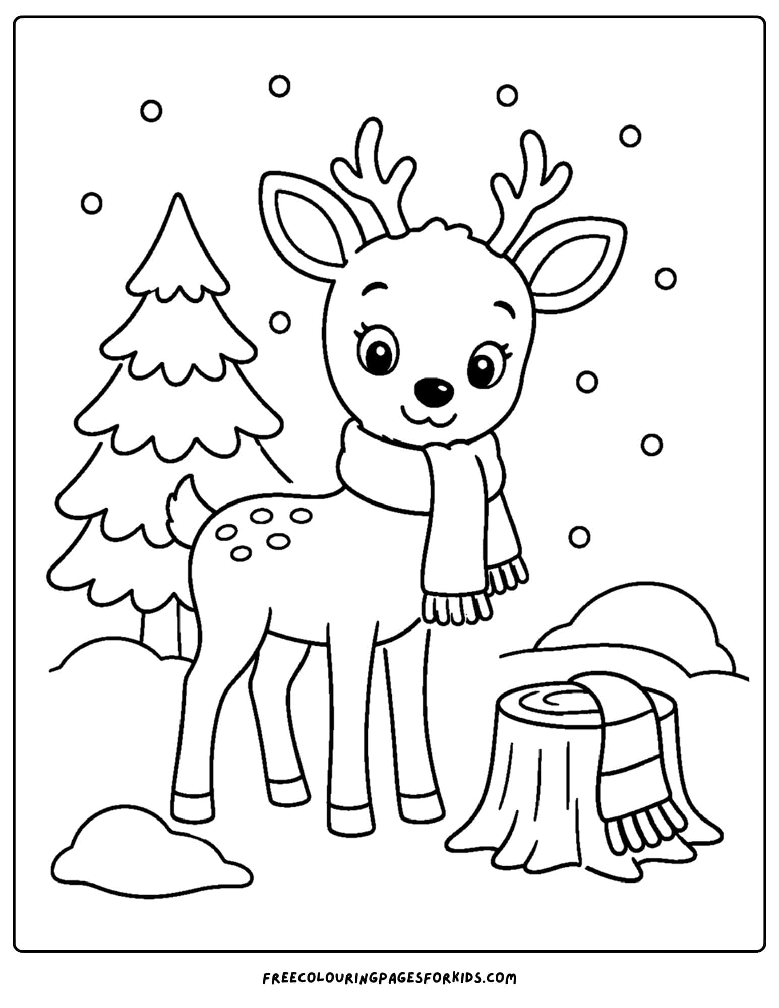 a coloring page of a deer standing in the woods with snow falling