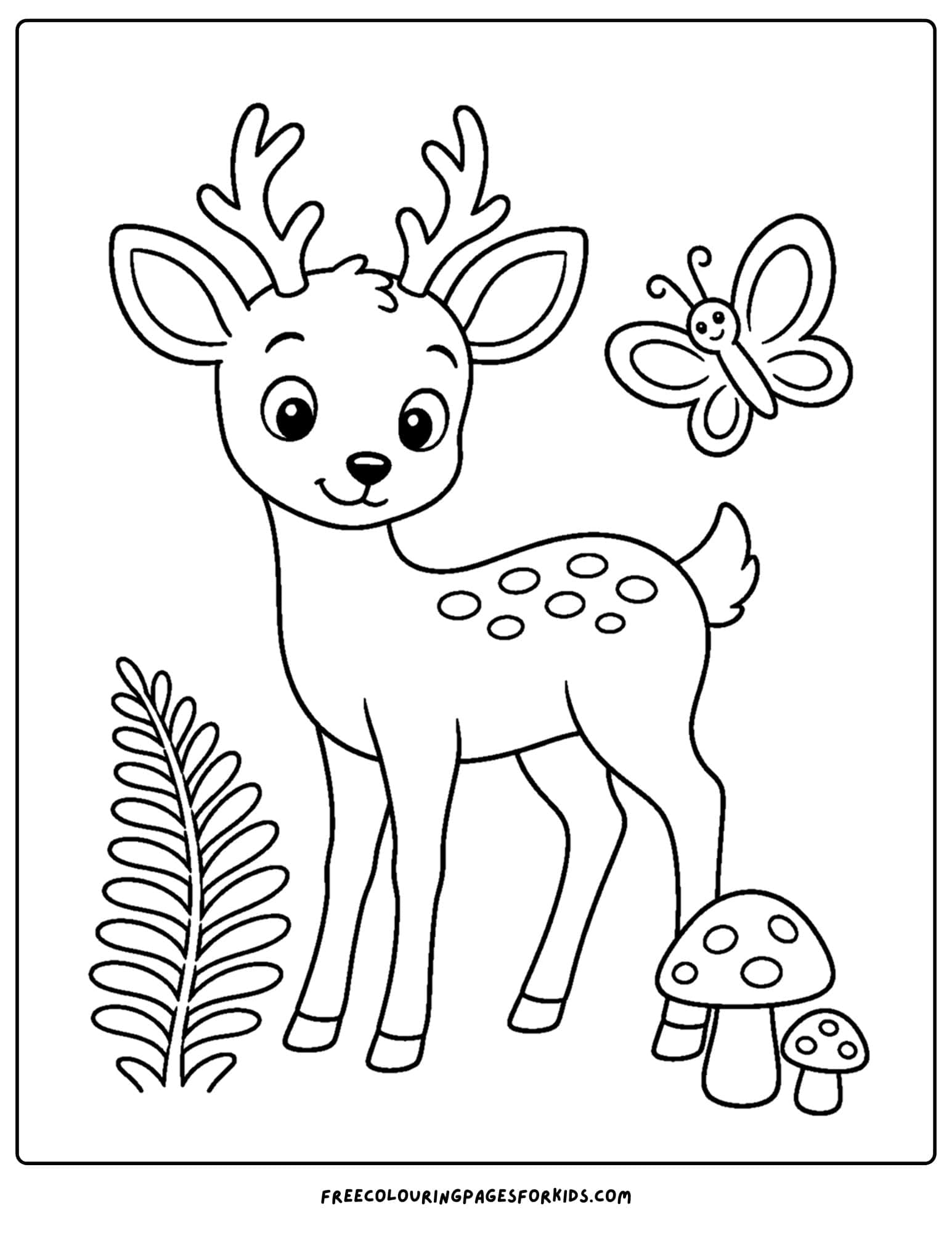 a coloring page of a deer in a woodland clearing