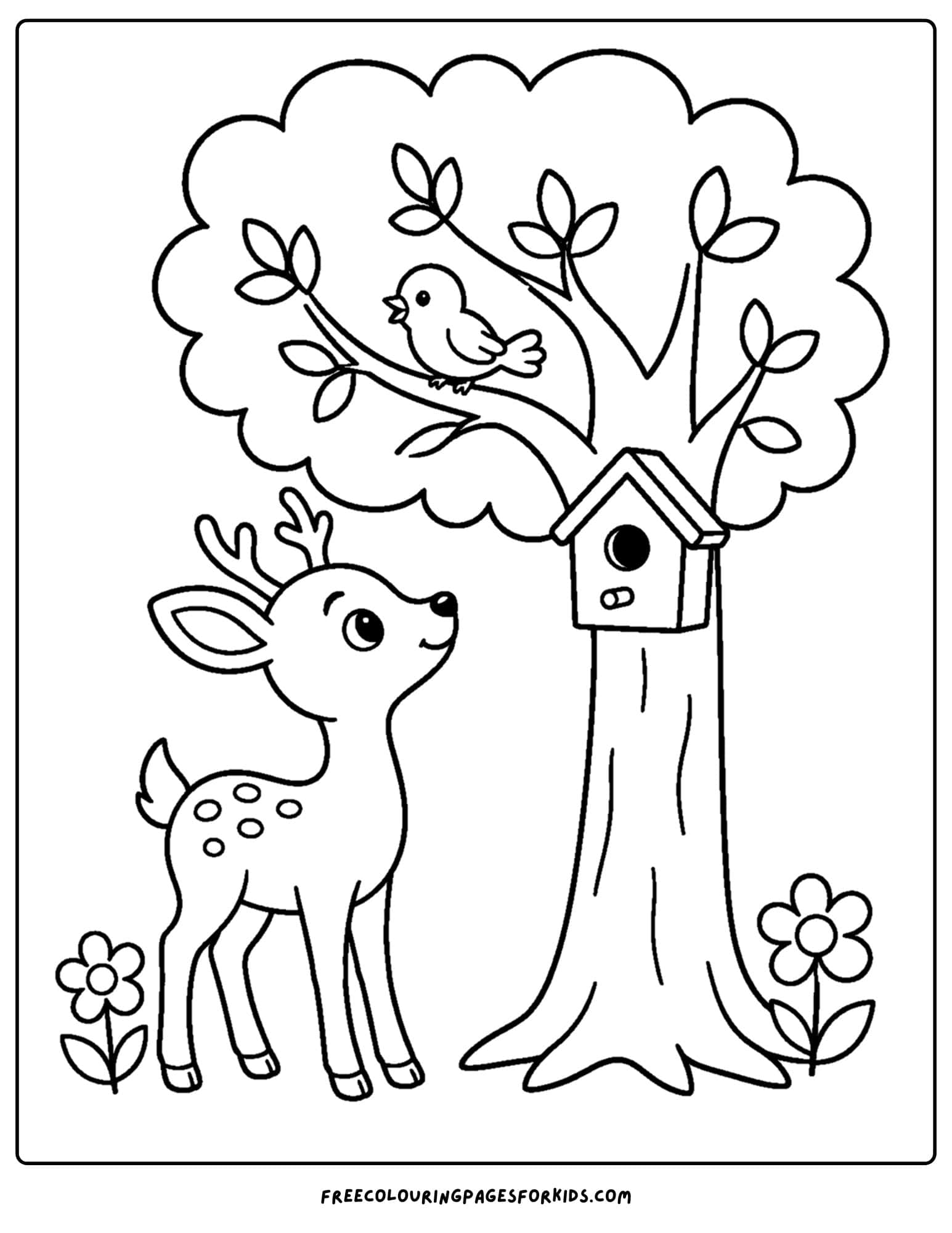 a coloring page of a deer looking at a birdhouse in a tree