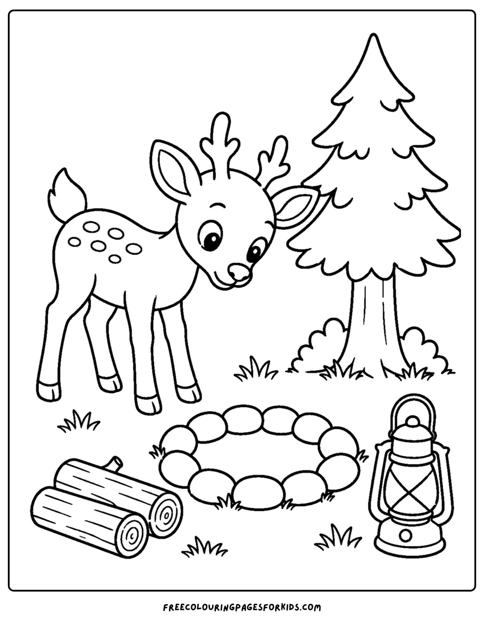 a coloring page of a deer standing next to a campfire ring and logs