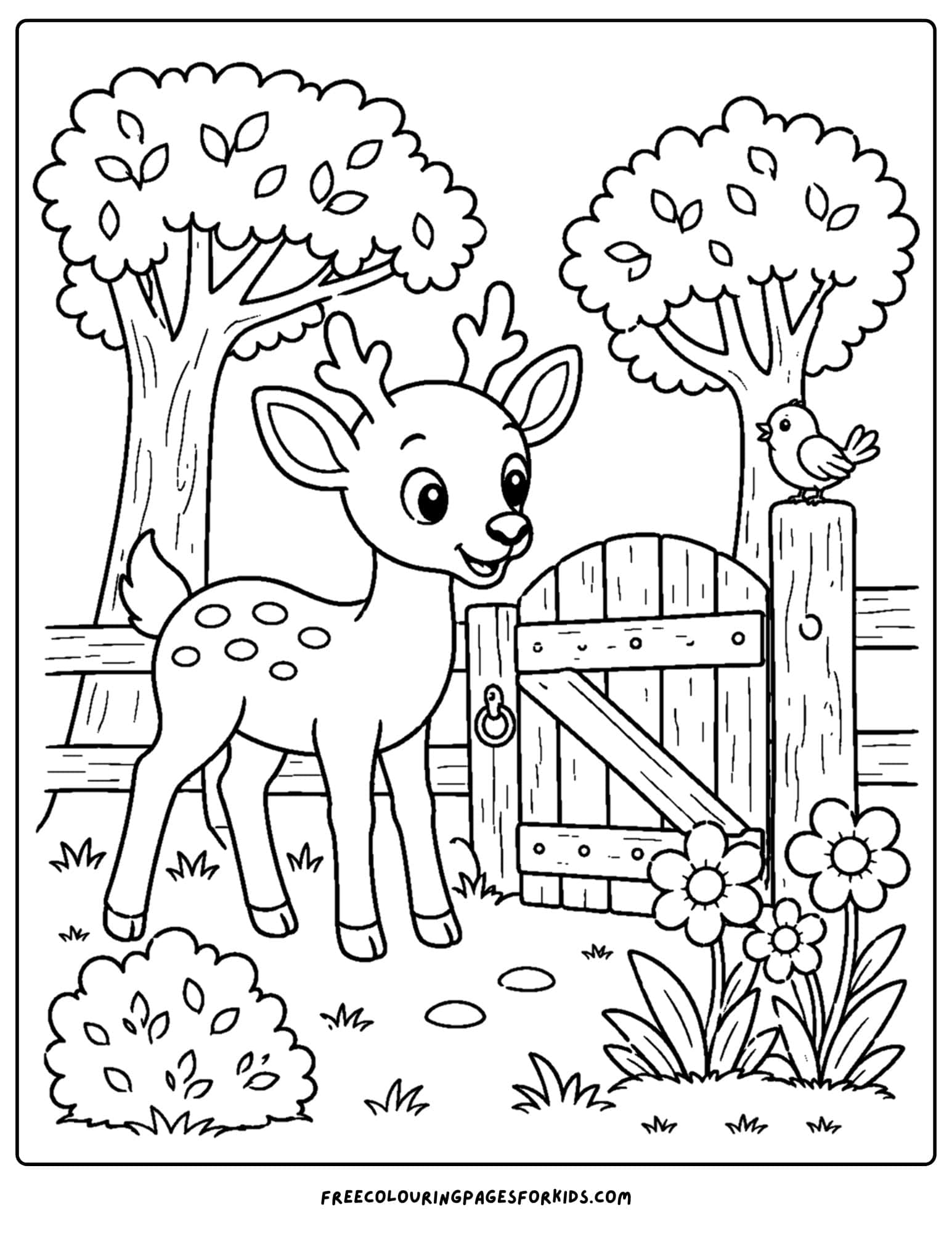 a coloring page of a deer standing beside a fence with a gate