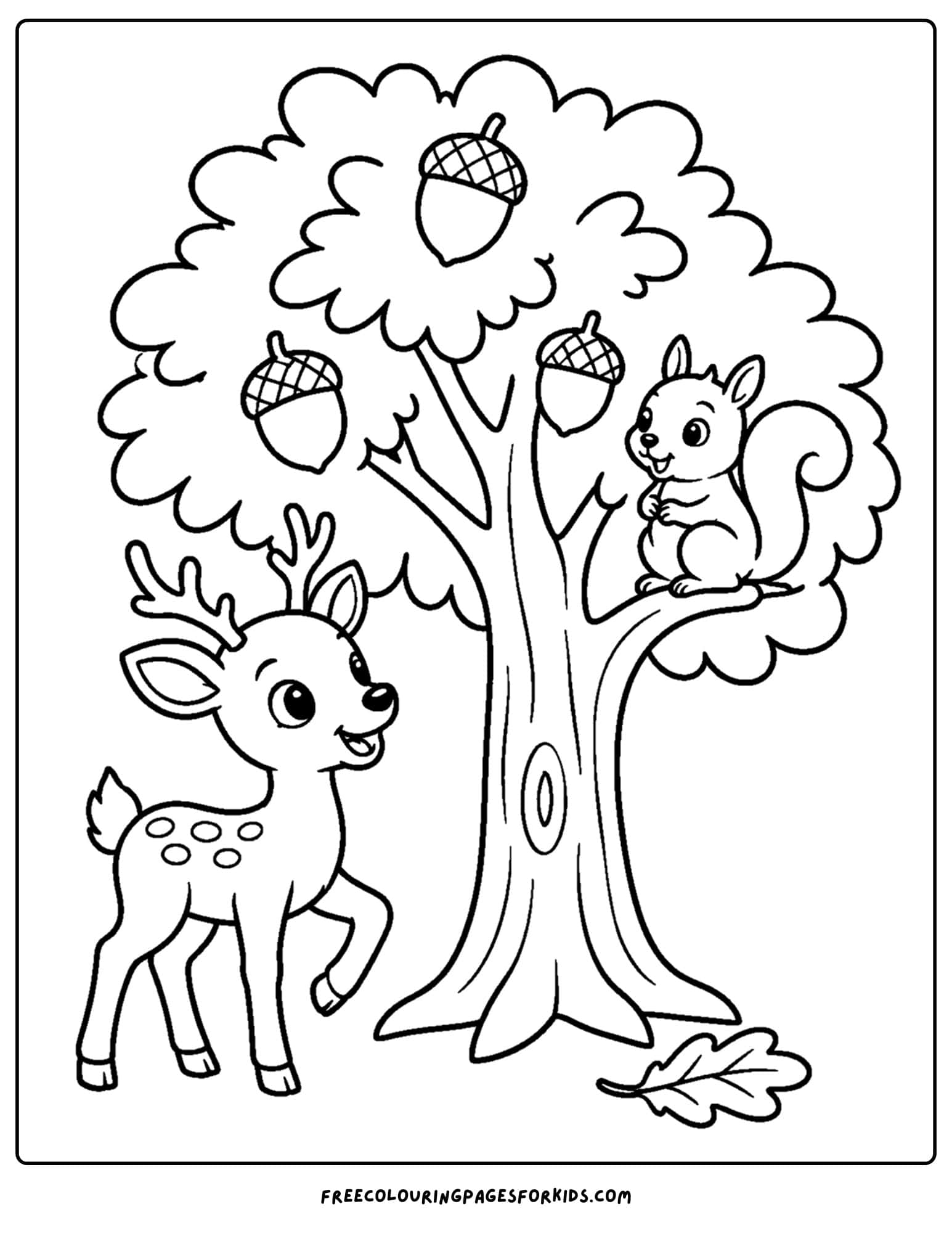 a coloring page of a deer looking up at a squirrel in an oak tree