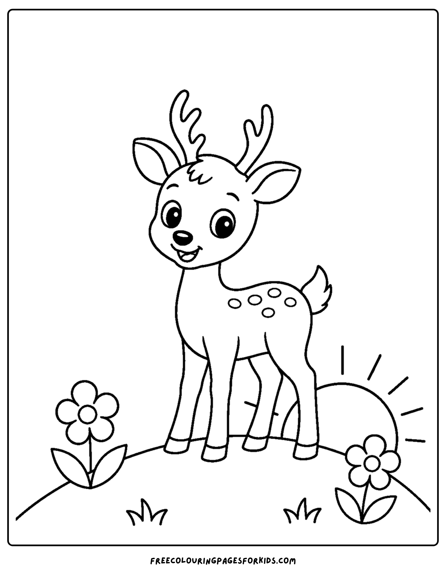 a coloring page of a deer standing on a hilltop at sunrise