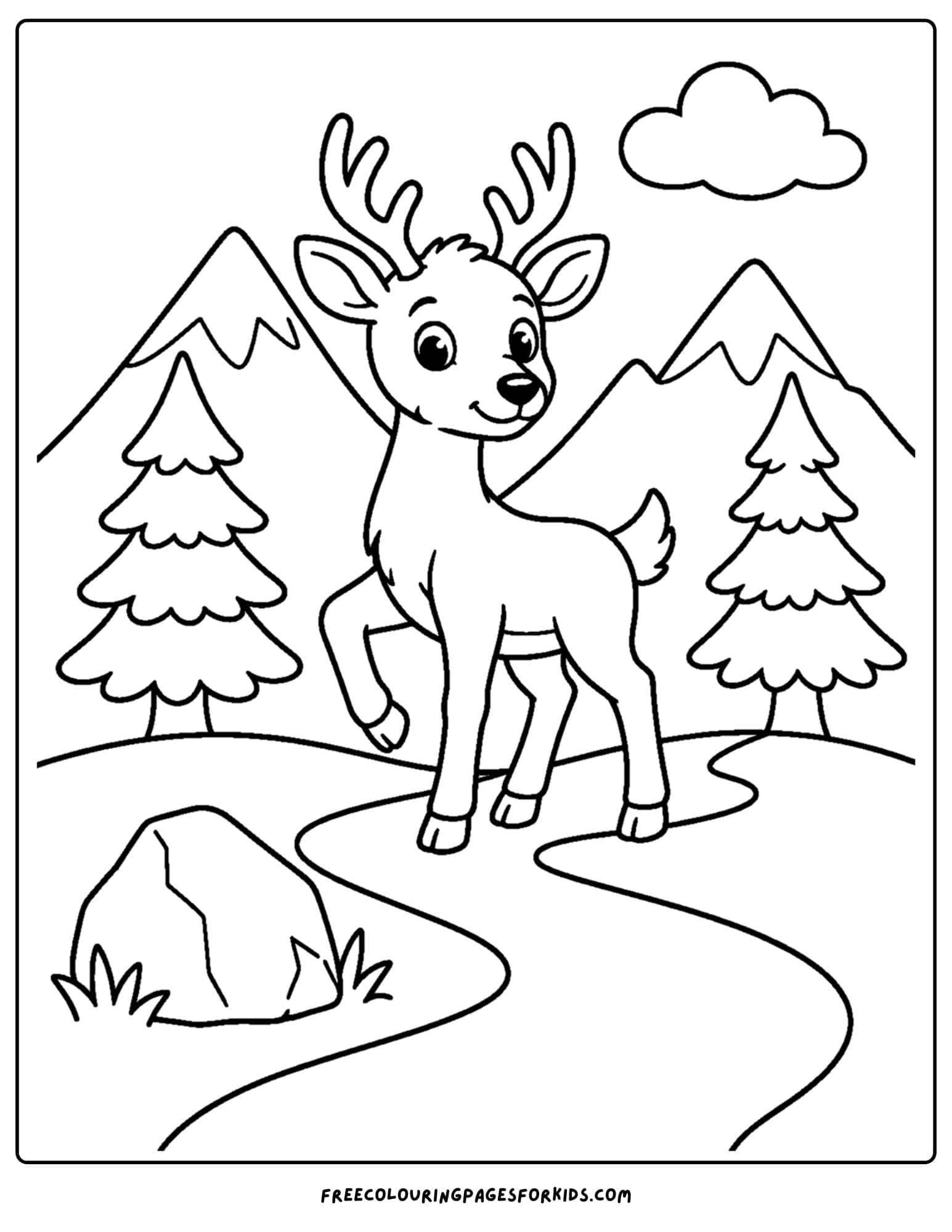 a coloring page of a deer on a mountain trail