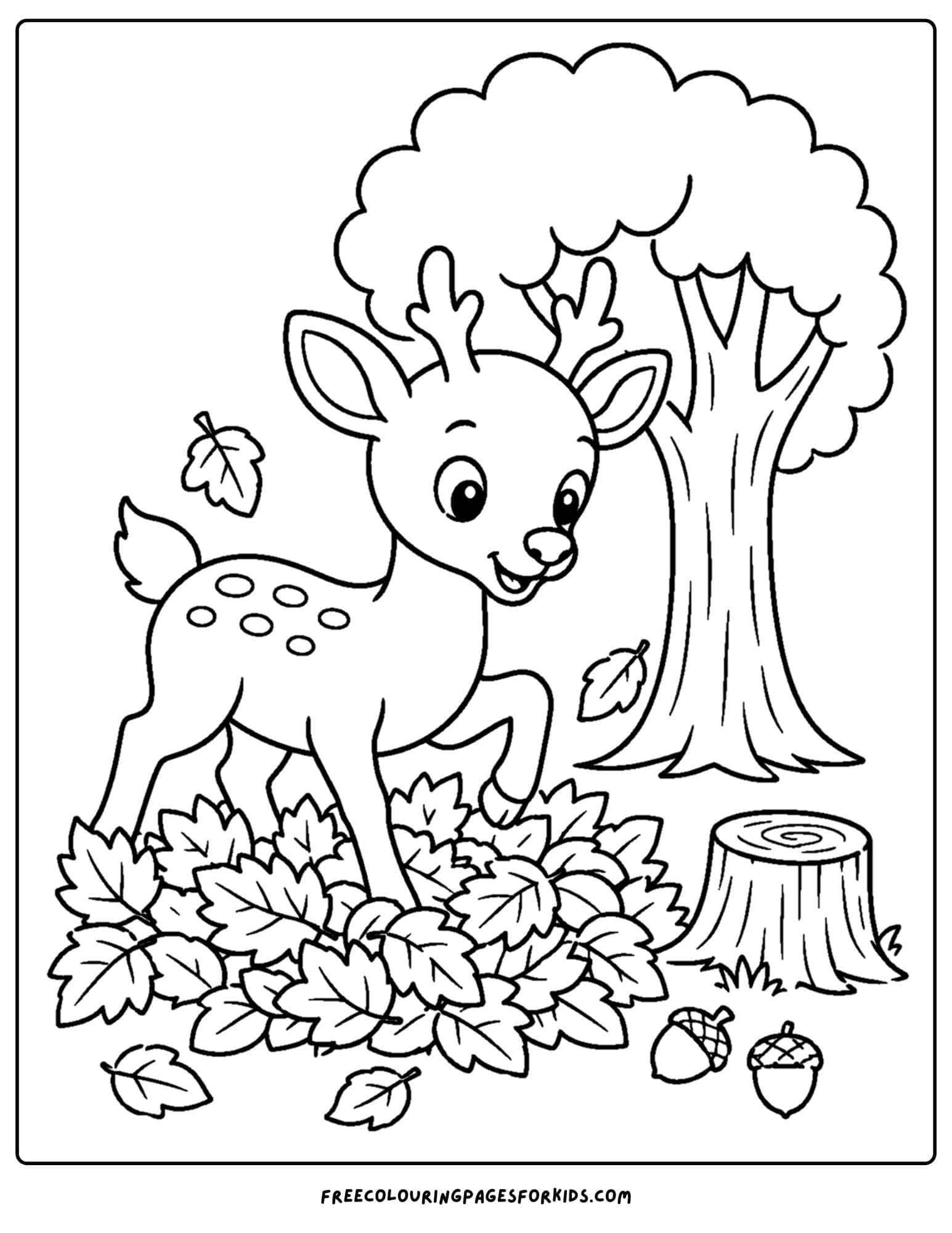 a coloring page of a deer playing around in a pile of leaves